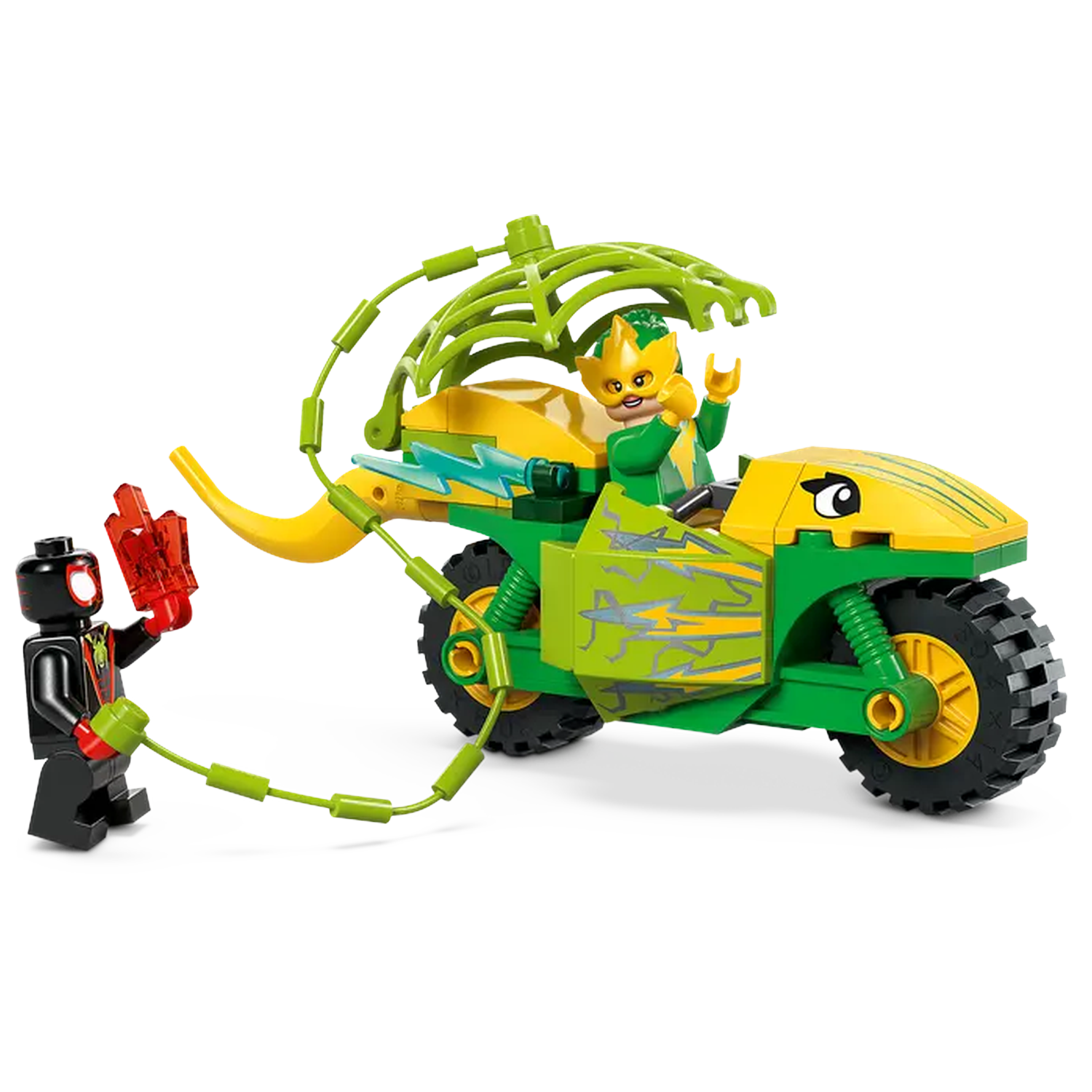 Lego set with a green and yellow motorcycle, a green figure with a yellow mask, and a black figure holding a red object.