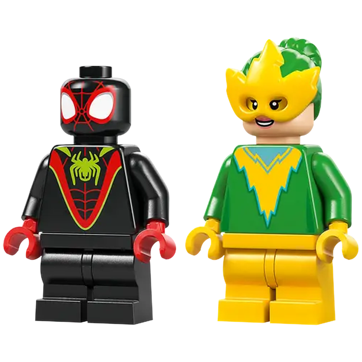 Two Lego figures: Spider-Man in black and red, and a woman in green and yellow with a mask.