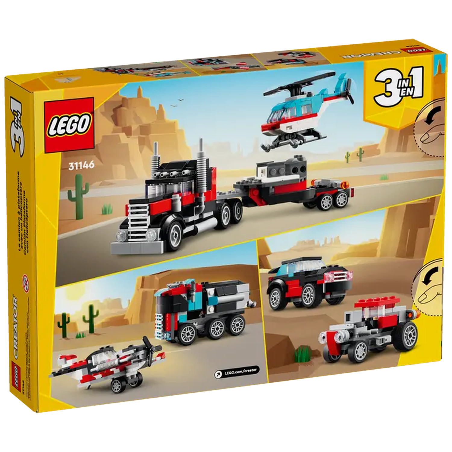 A Lego Creator box with images of a truck, helicopter, car, and plane against a desert backdrop. The box is yellow and red.