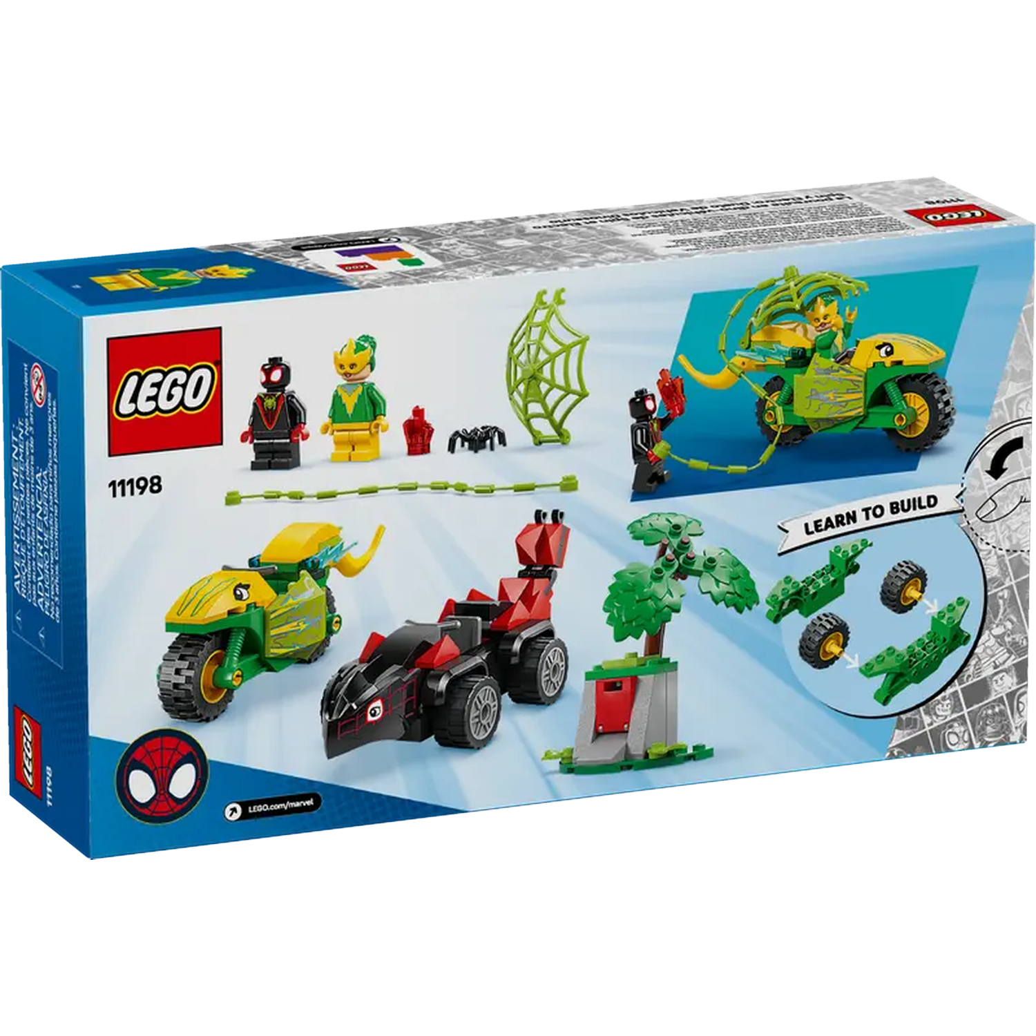 Lego box set featuring Spider-Man characters and vehicles, including motorcycles, a three-wheeled car, and mini-figures, all on a blue background.