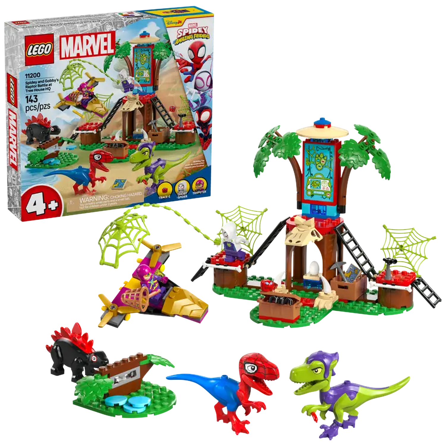LEGO Marvel set. Includes a treehouse, dinosaurs, and Spidey characters. A box shows the set. Other elements include a plane and spiderwebs.