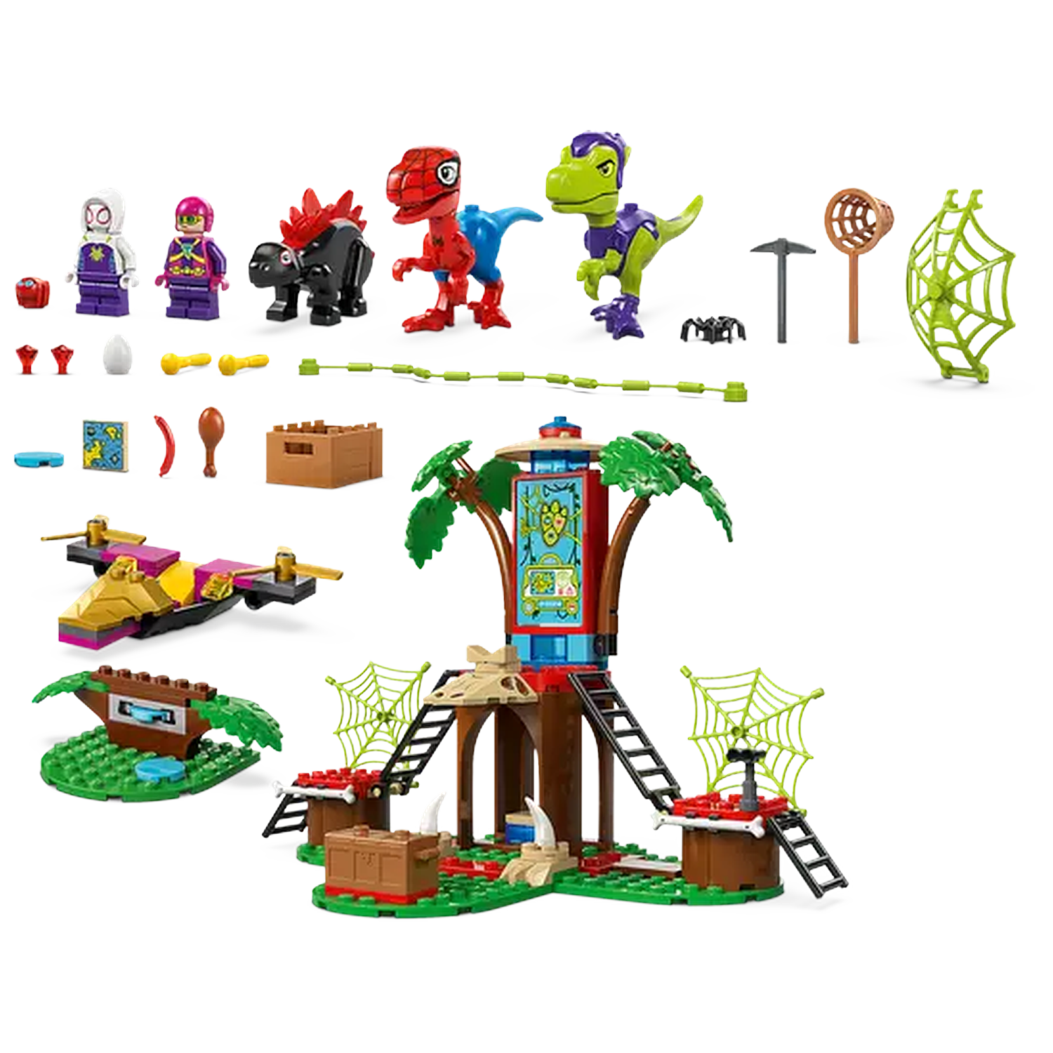 A Lego set with superhero figures and dinosaur figures. There is a jungle-themed structure in the background.