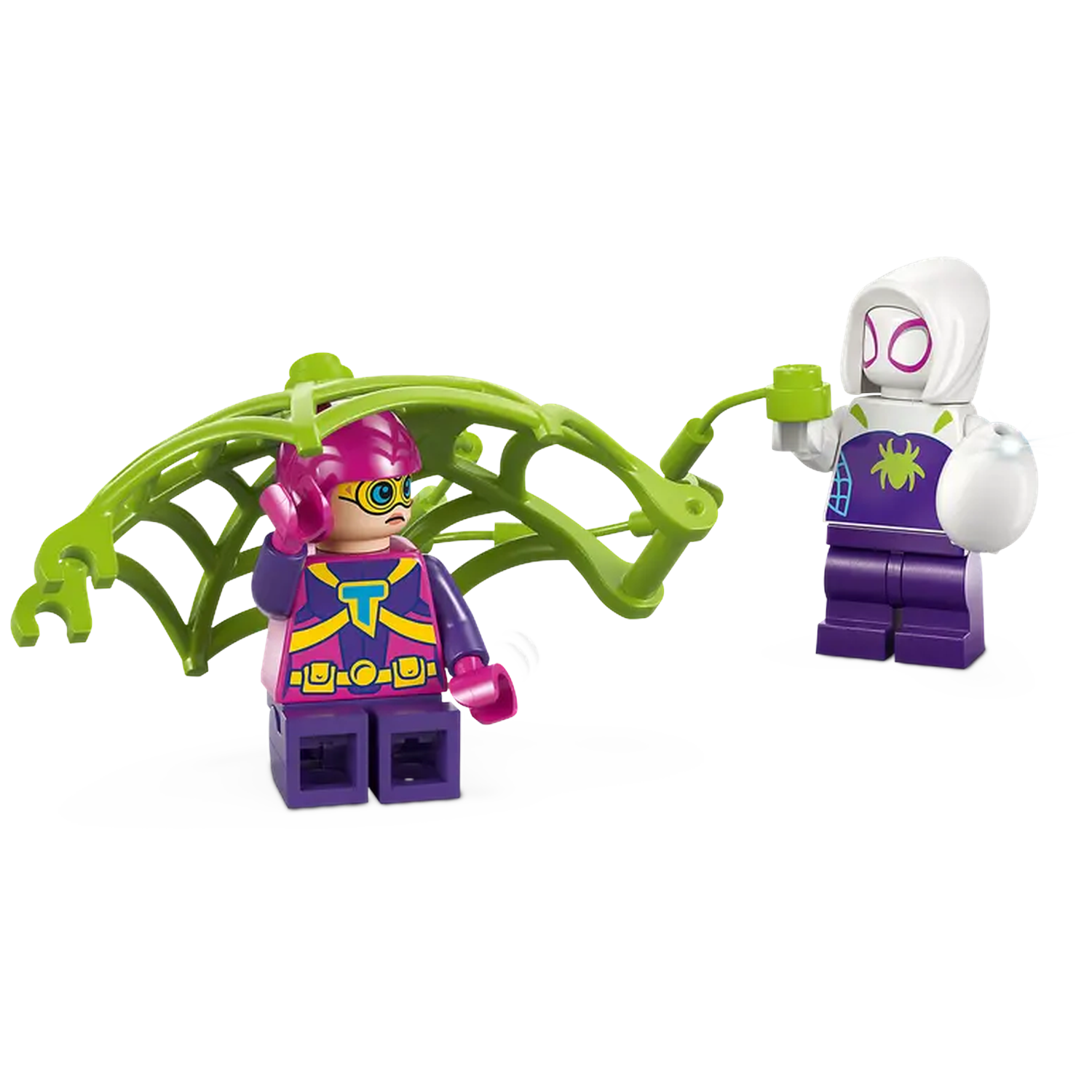 Two Lego figures: One with a green web, the other with a white hood holding a green object and a white orb.