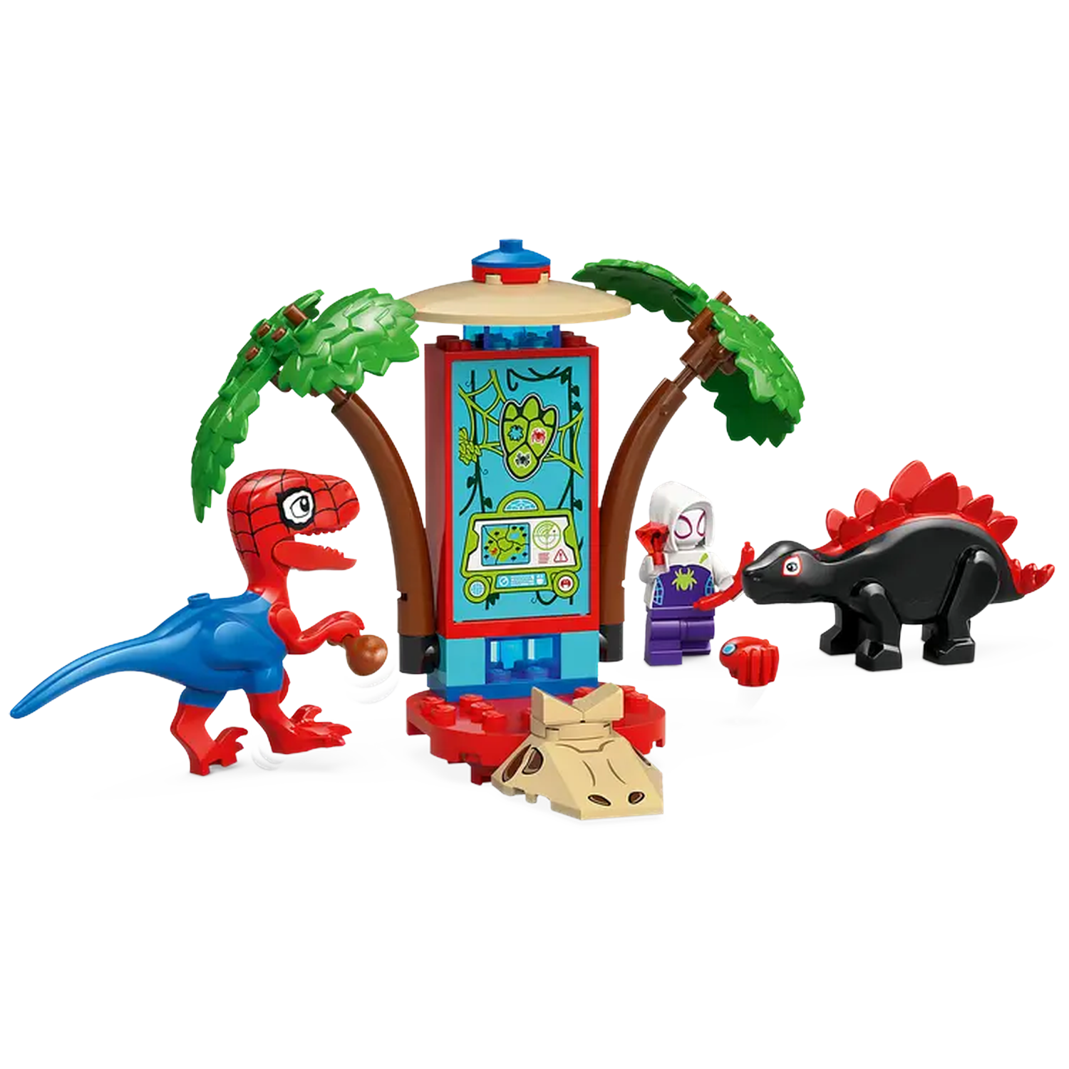 Lego set with dinosaur Spider-Man, a black dinosaur, a white figure, and a vending machine structure.