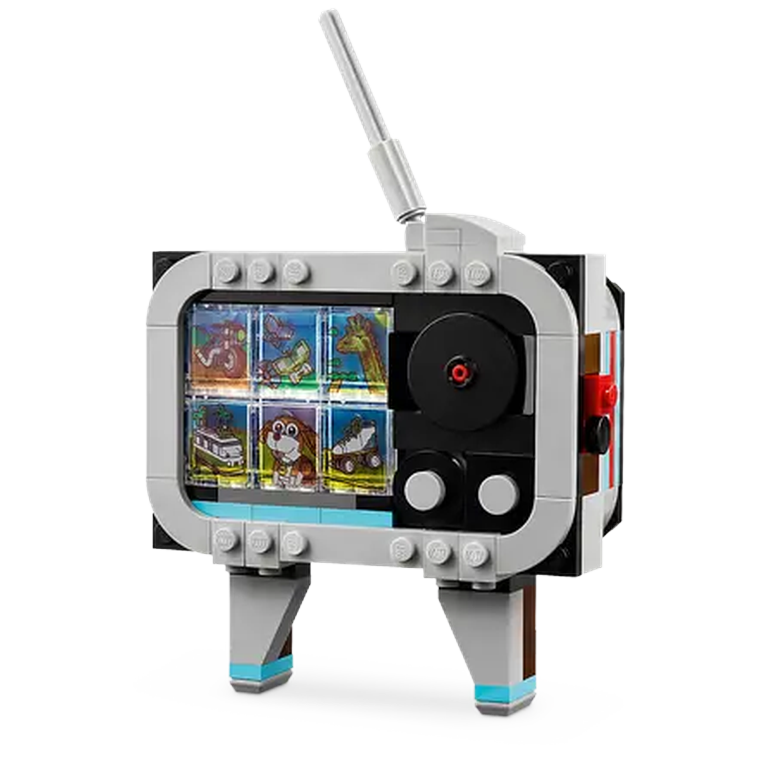 A Lego television set with an antenna, a screen showing cartoon images, black buttons, and a red button on the side.