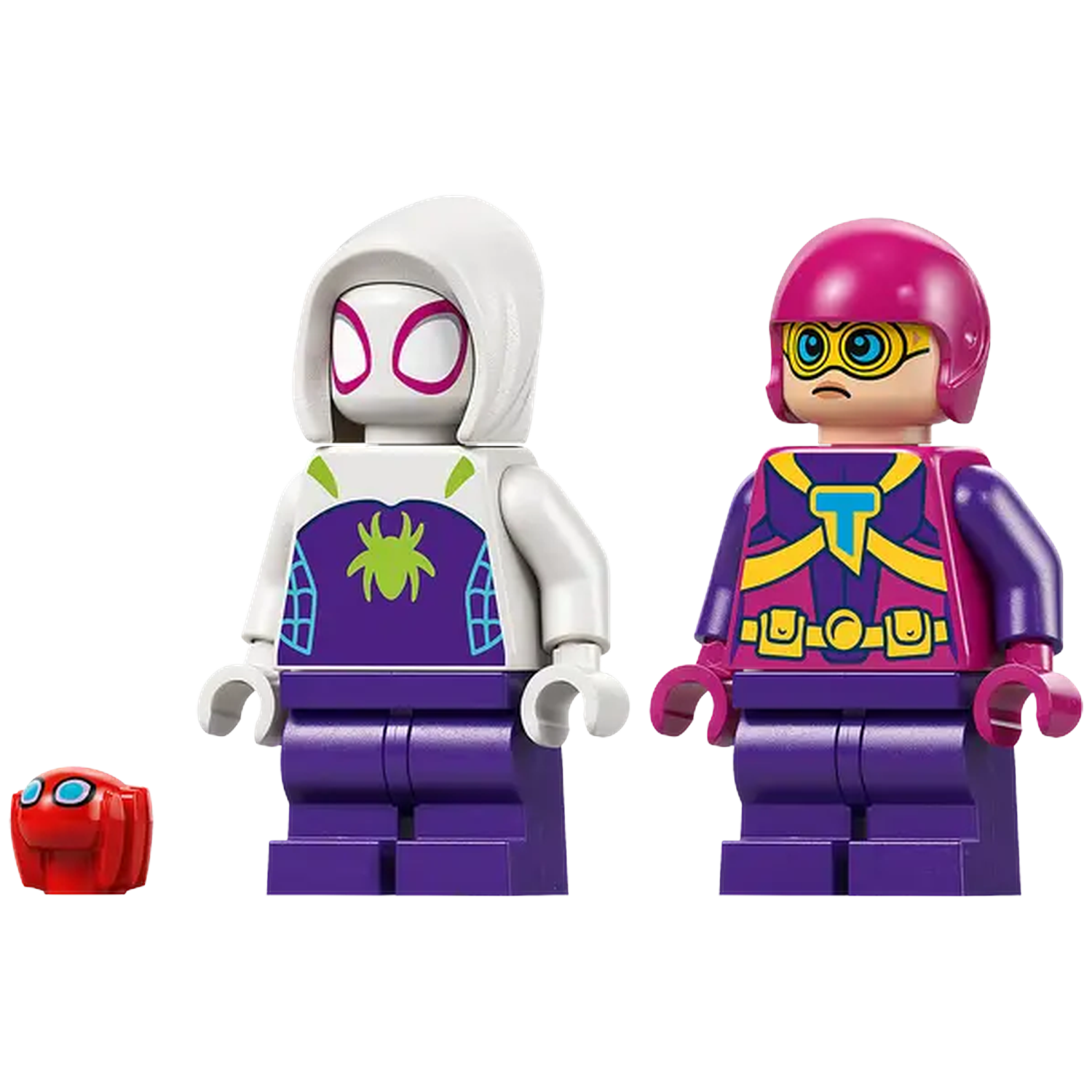 Lego figures of Spider-Gwen and another character. Spider-Gwen has a white hood and mask. The other figure wears a pink helmet.