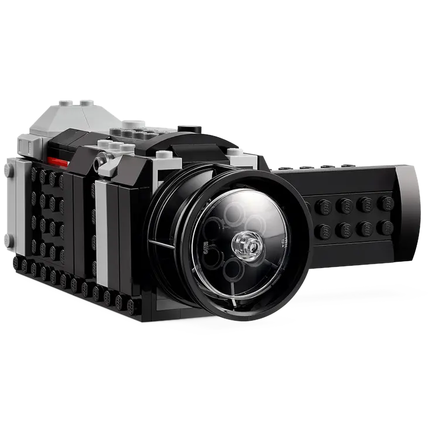 A black Lego camera model, with a large lens and a black body. Gray accents are present, with a white background.