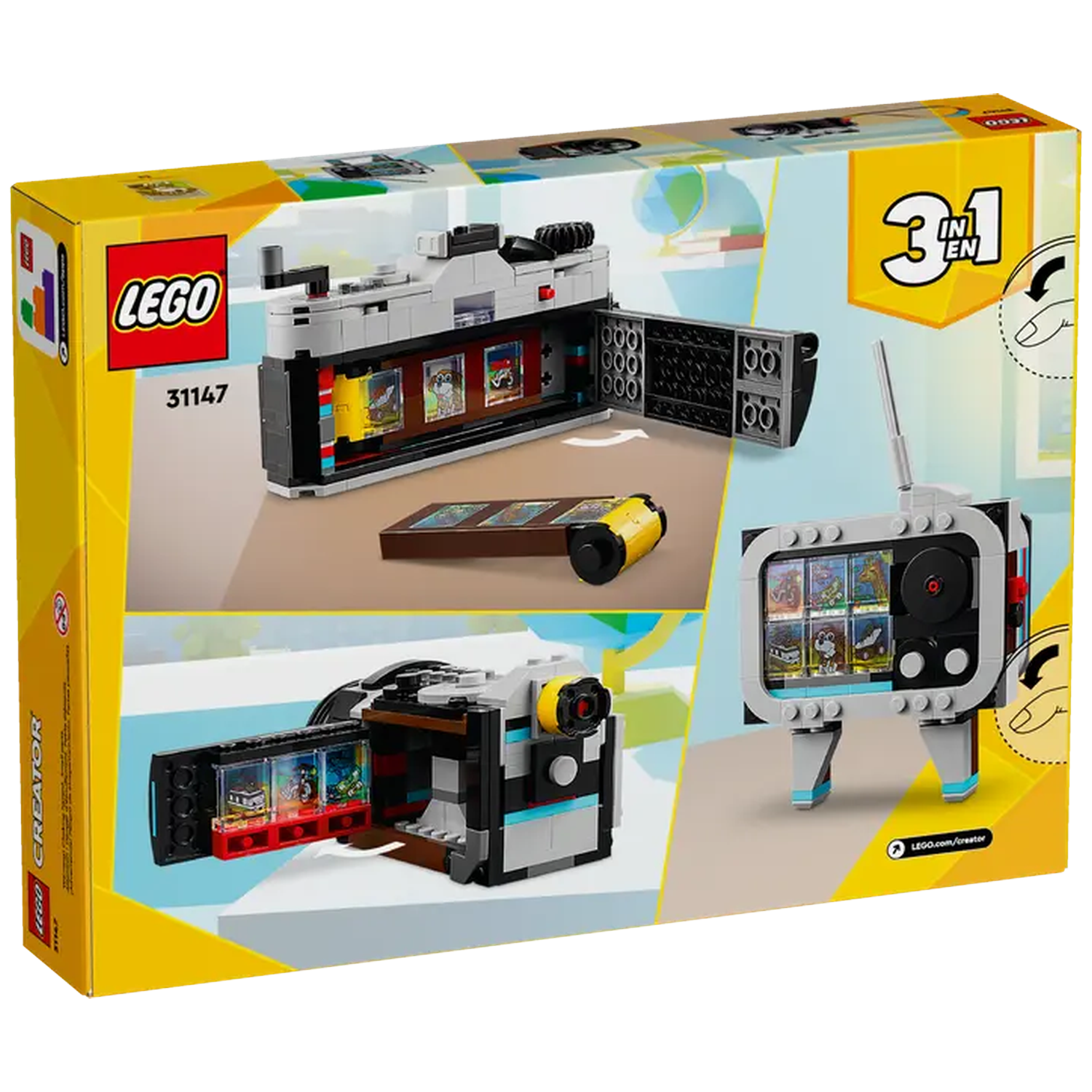 Lego Creator 3-in-1 box showing models of a camera and a TV. The camera has opened compartments. The TV has a screen with images.