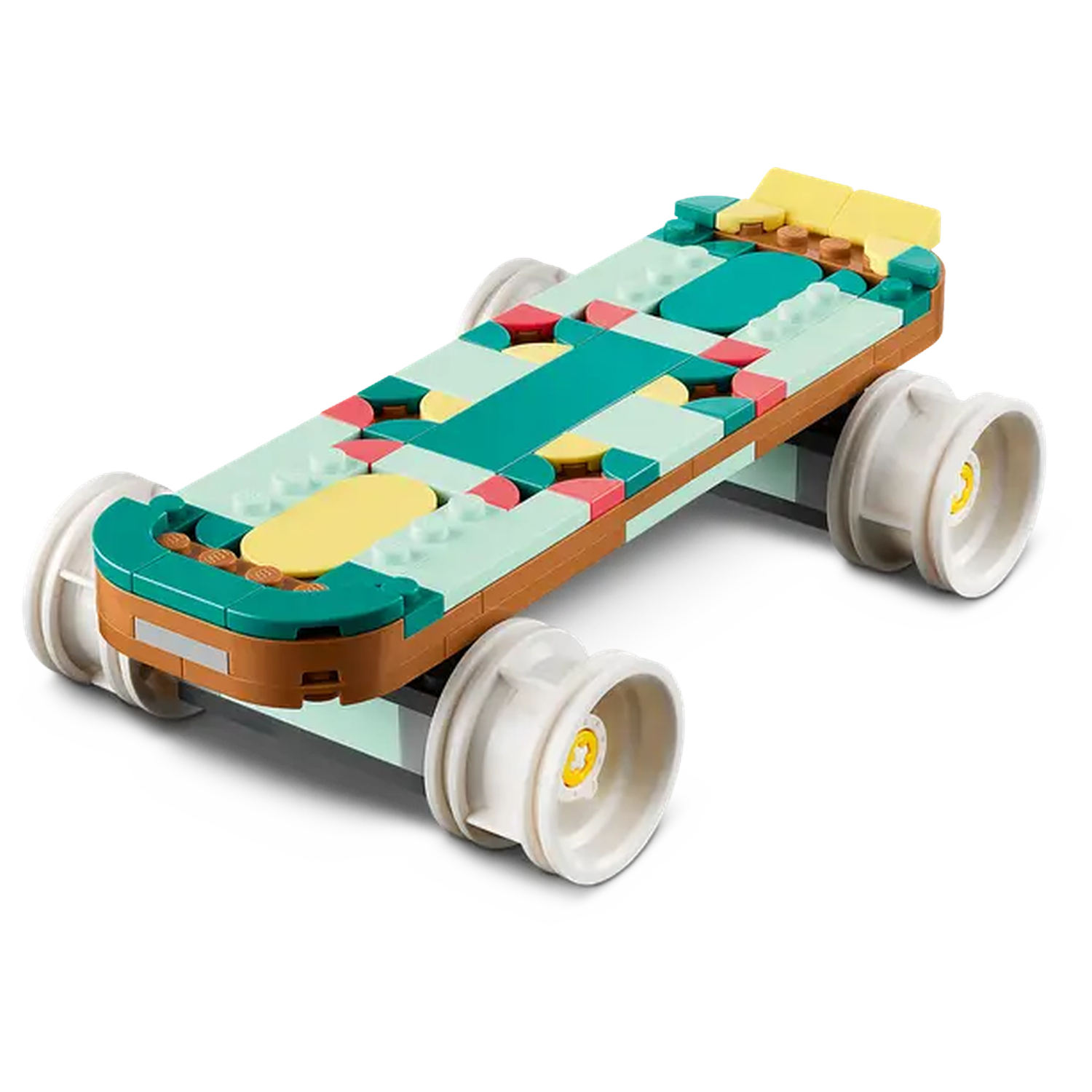 A colorful Lego car on a white surface. The car is teal, brown, yellow, pink, and white. It has four white wheels.