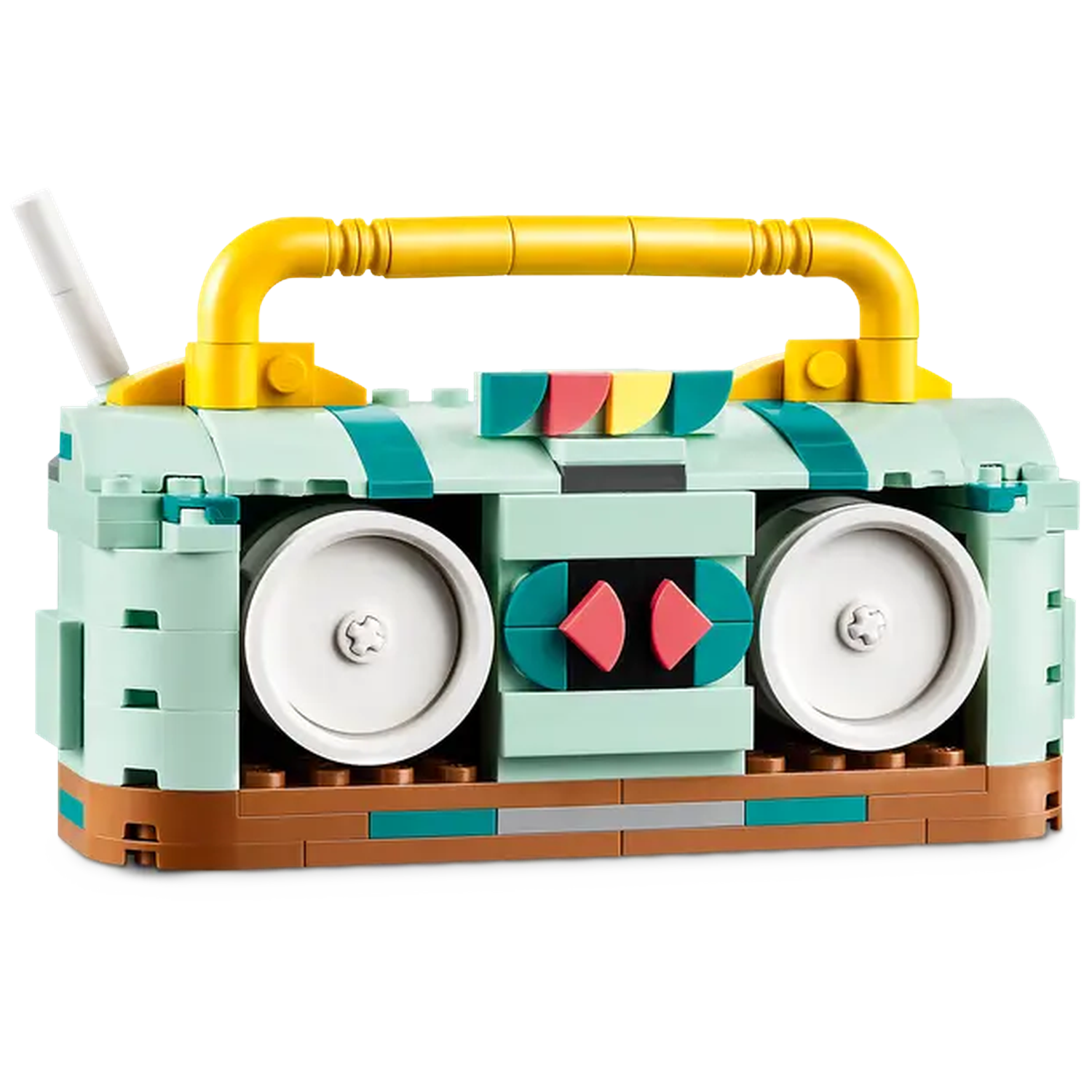 A Lego boombox in mint green, brown, and yellow. It has speakers, a handle, and a radio antenna. Decorative stripes and buttons are visible.