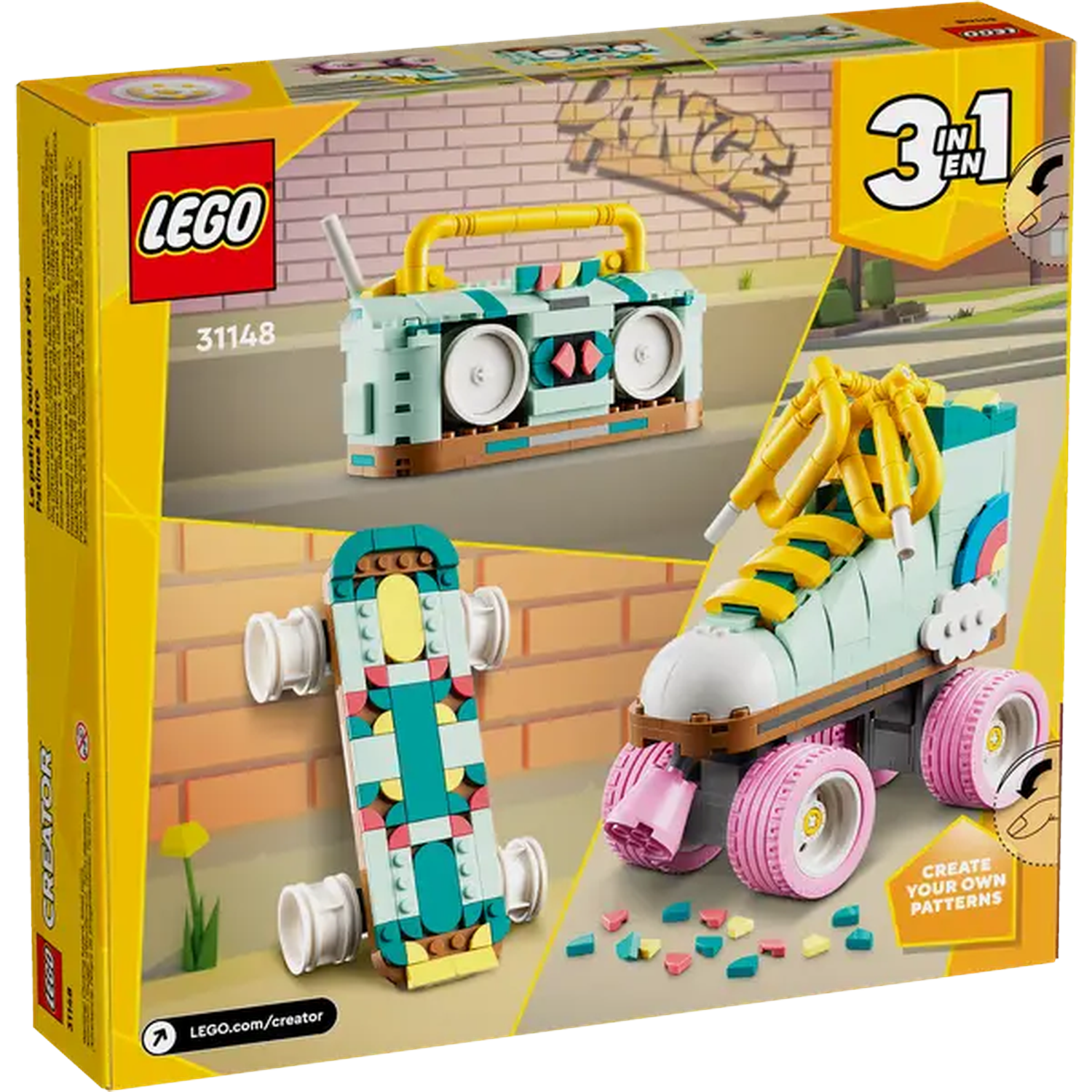 A Lego Creator 3-in-1 set box. It features a boombox, skateboard, and a roller skate model, all in a retro style.