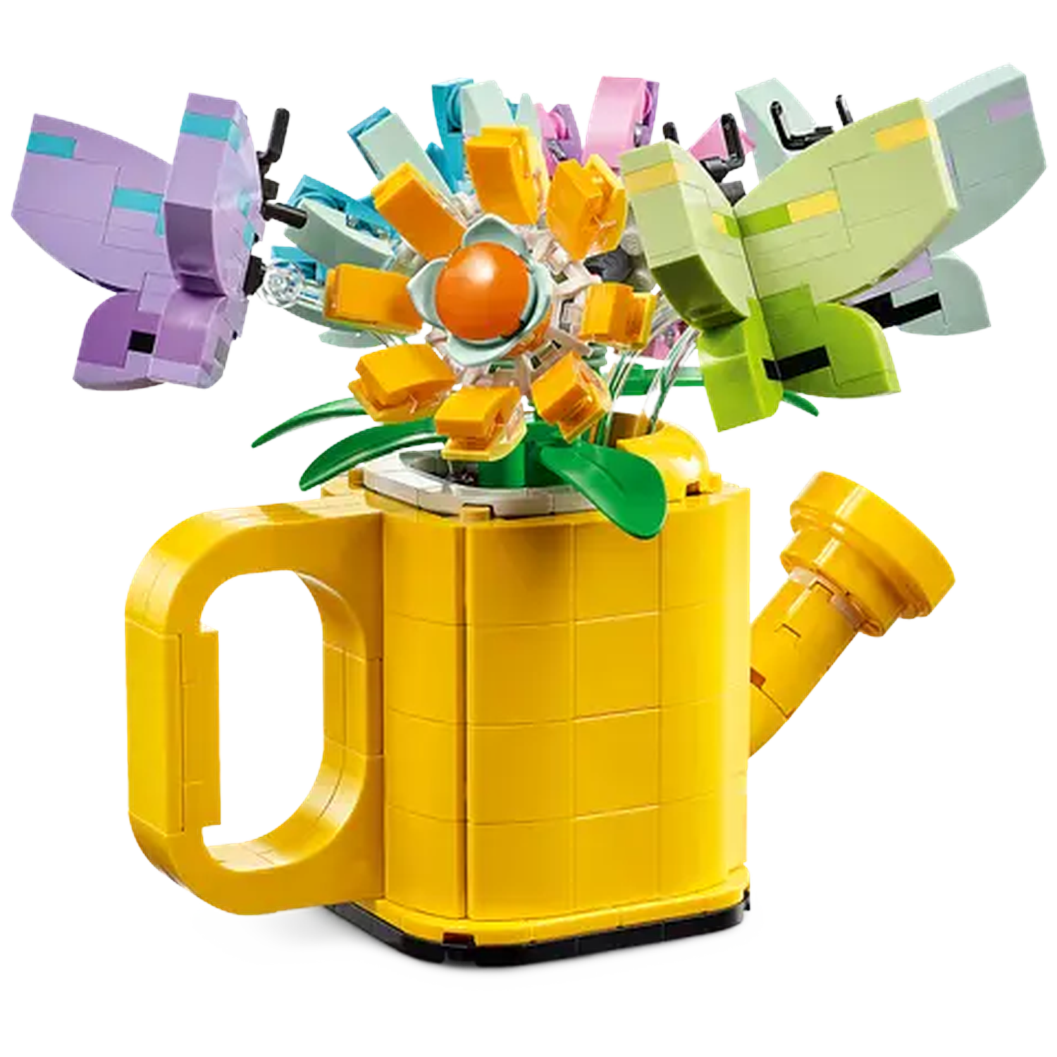 A Lego watering can with a flower and butterflies. The can is yellow, the flower orange, and the butterflies are green and purple.