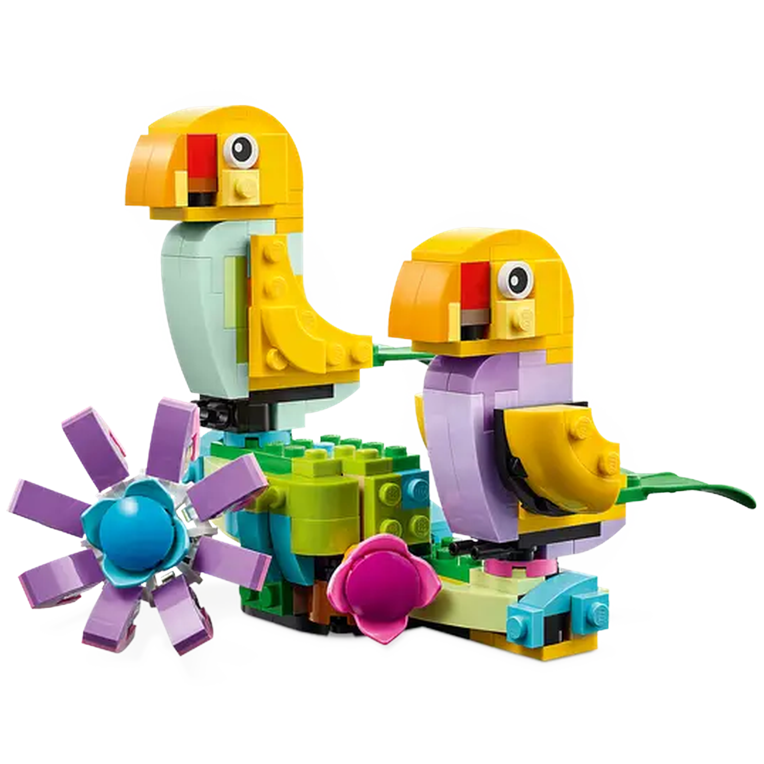 Two Lego birds with yellow heads, green and purple bodies, and a flower. One bird is larger.