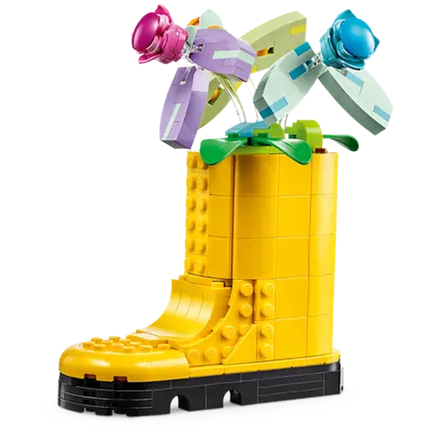 A Lego boot is filled with Lego flowers. Flowers are purple, blue, and pink. The boot is yellow with a black base.