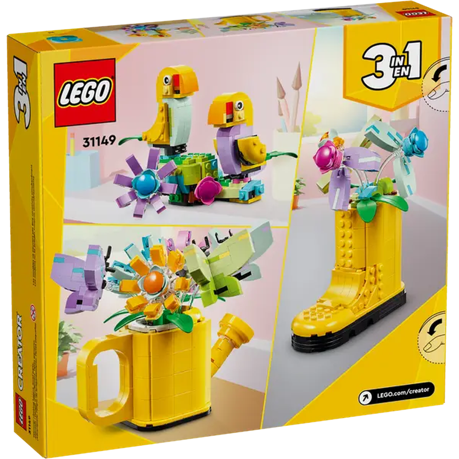 LEGO Creator box. Features three LEGO builds: bird, flowers in a boot, and flowers in a mug. Bright colors, yellow and purple.