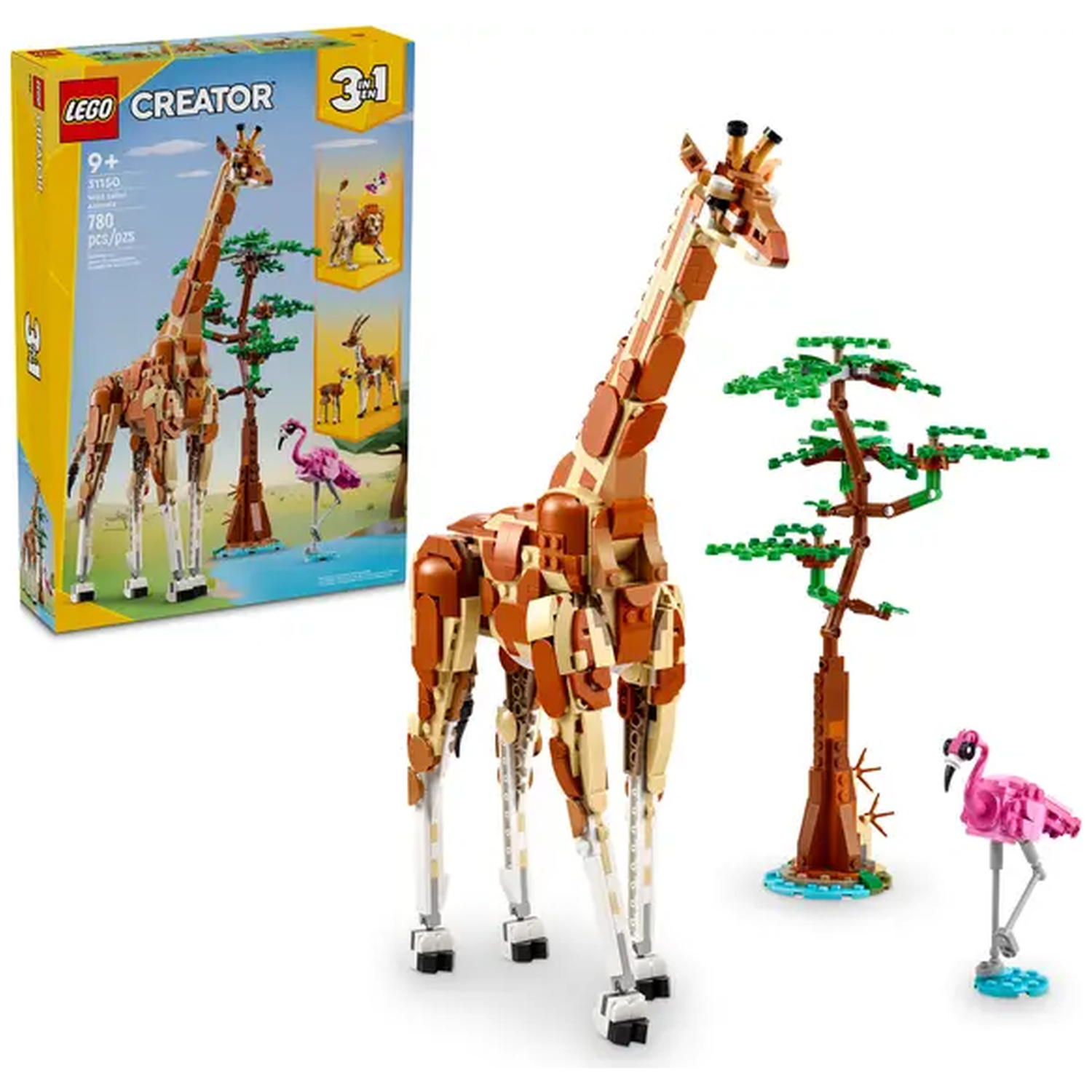A Lego set featuring a giraffe, tree, and flamingo. A box shows the set's contents, including other animals. White background.