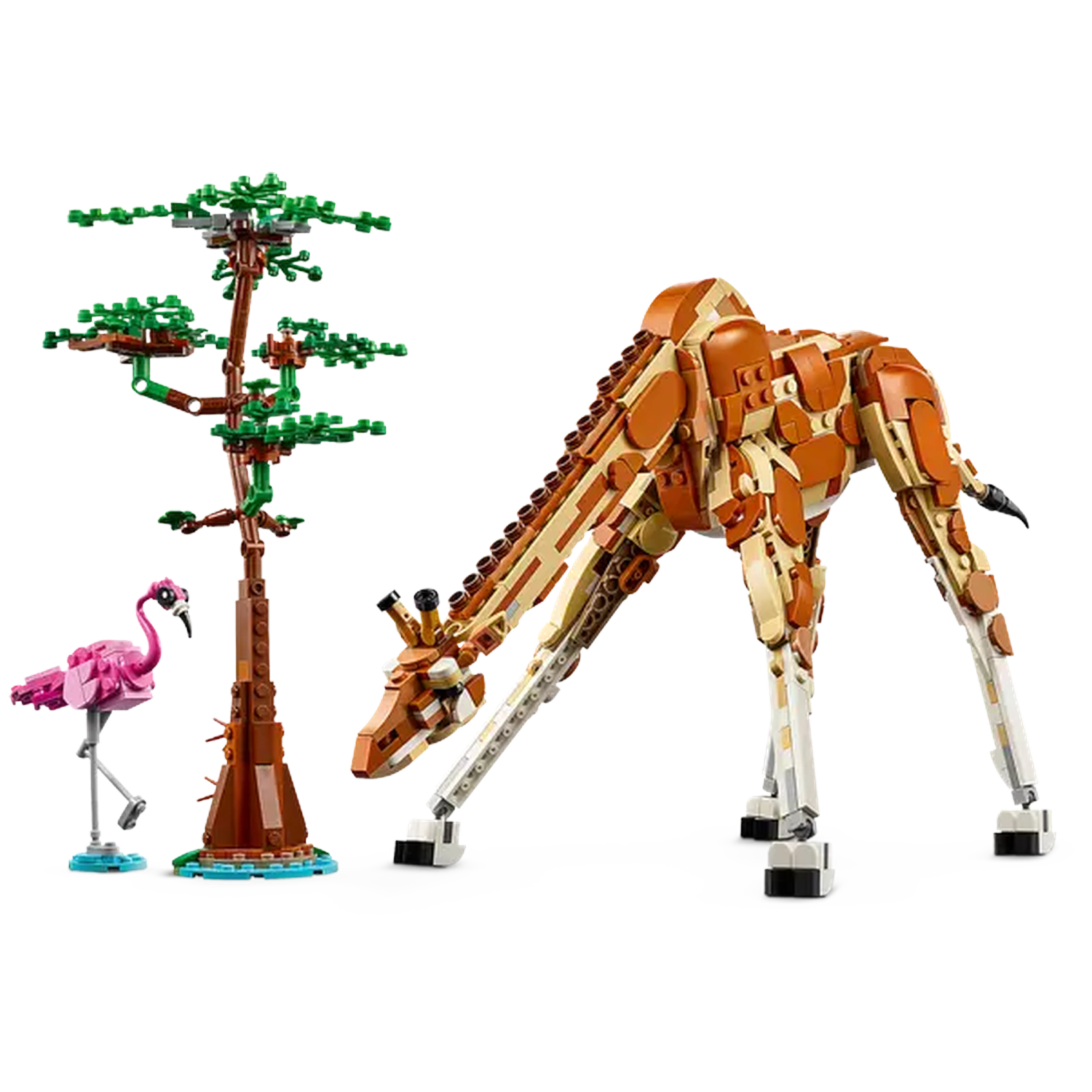 A Lego scene featuring a giraffe, a tree, and a flamingo. The giraffe is brown and beige, the flamingo is pink, and the tree is green and brown.