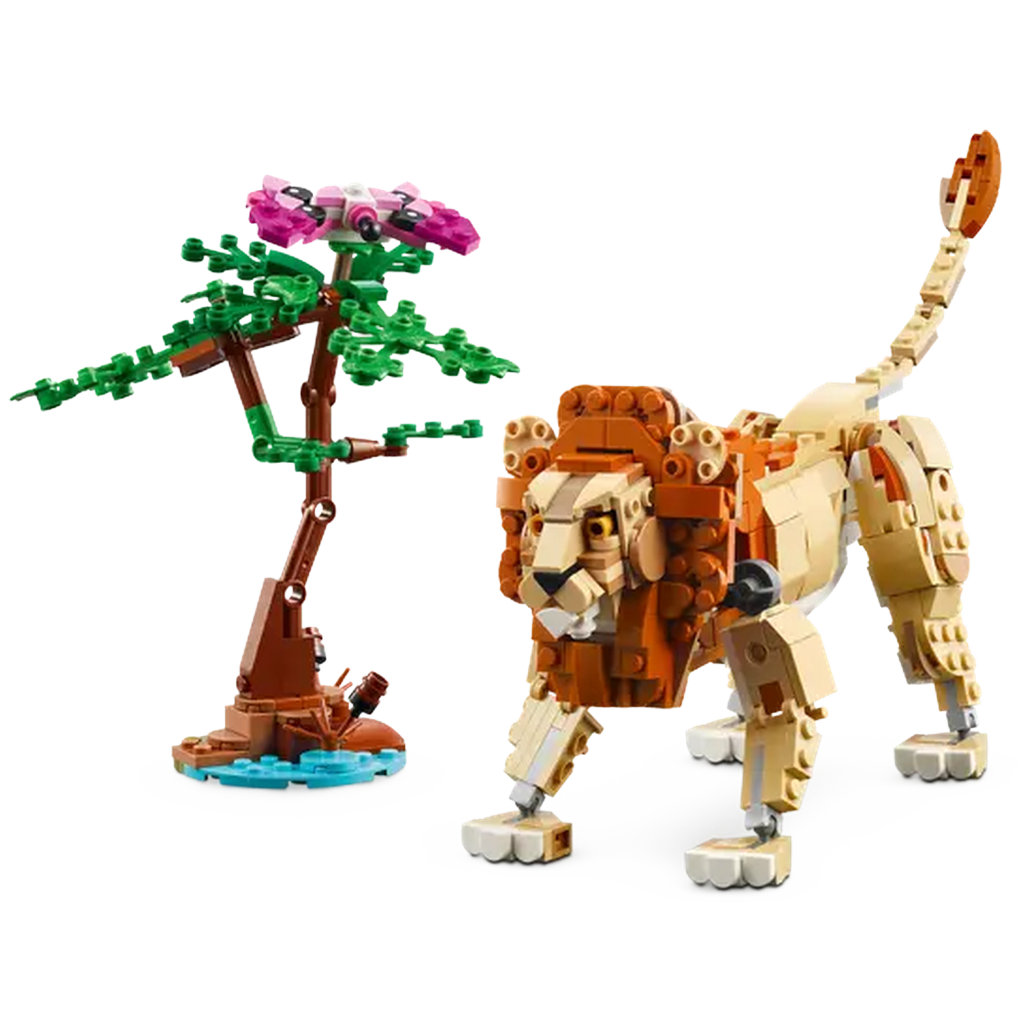 A Lego lion and a tree assembled from blocks. The lion has tan and brown colors and the tree has green leaves and pink flowers.