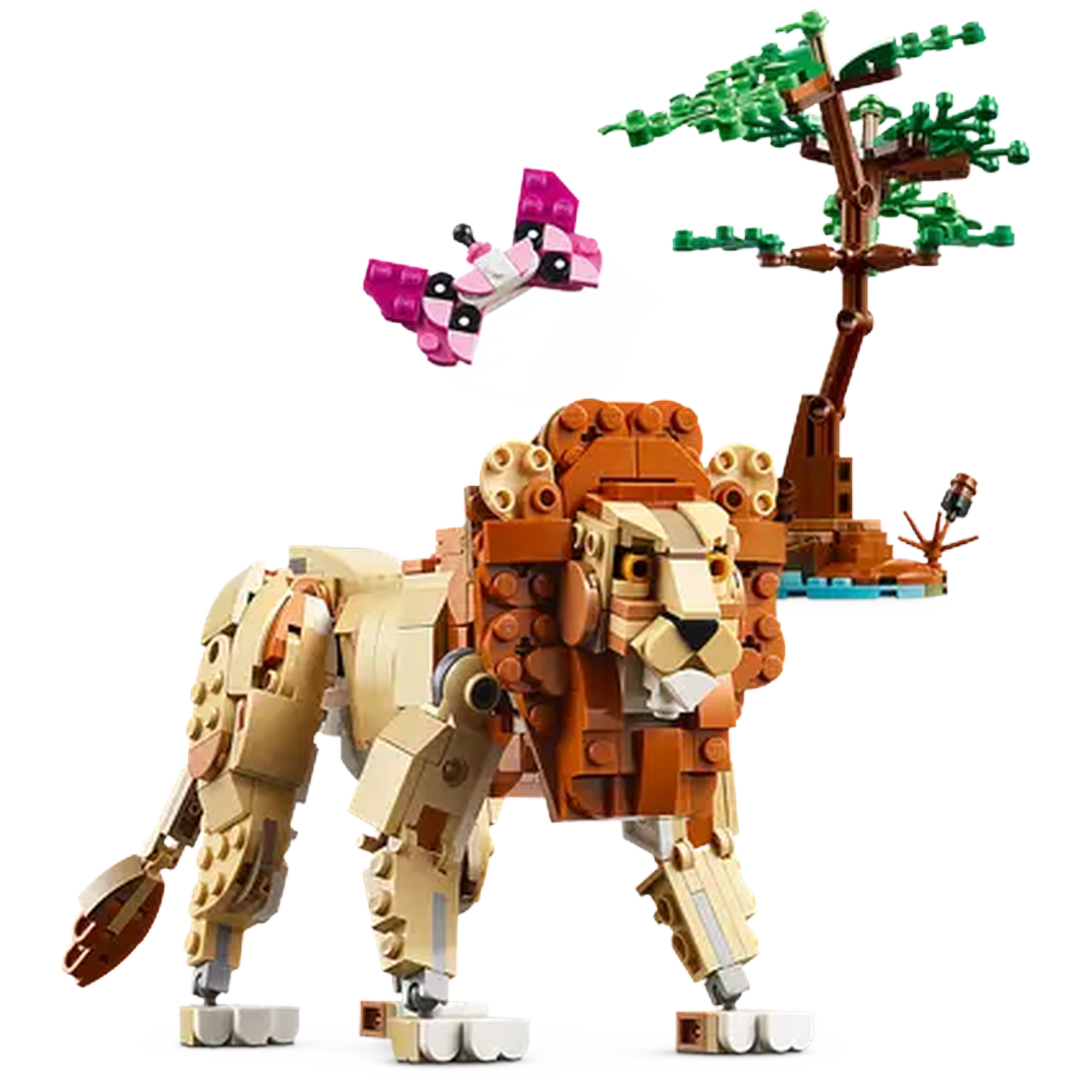 A Lego lion with a brown mane, tan body, and a pink and black butterfly. A green Lego tree is in the background.