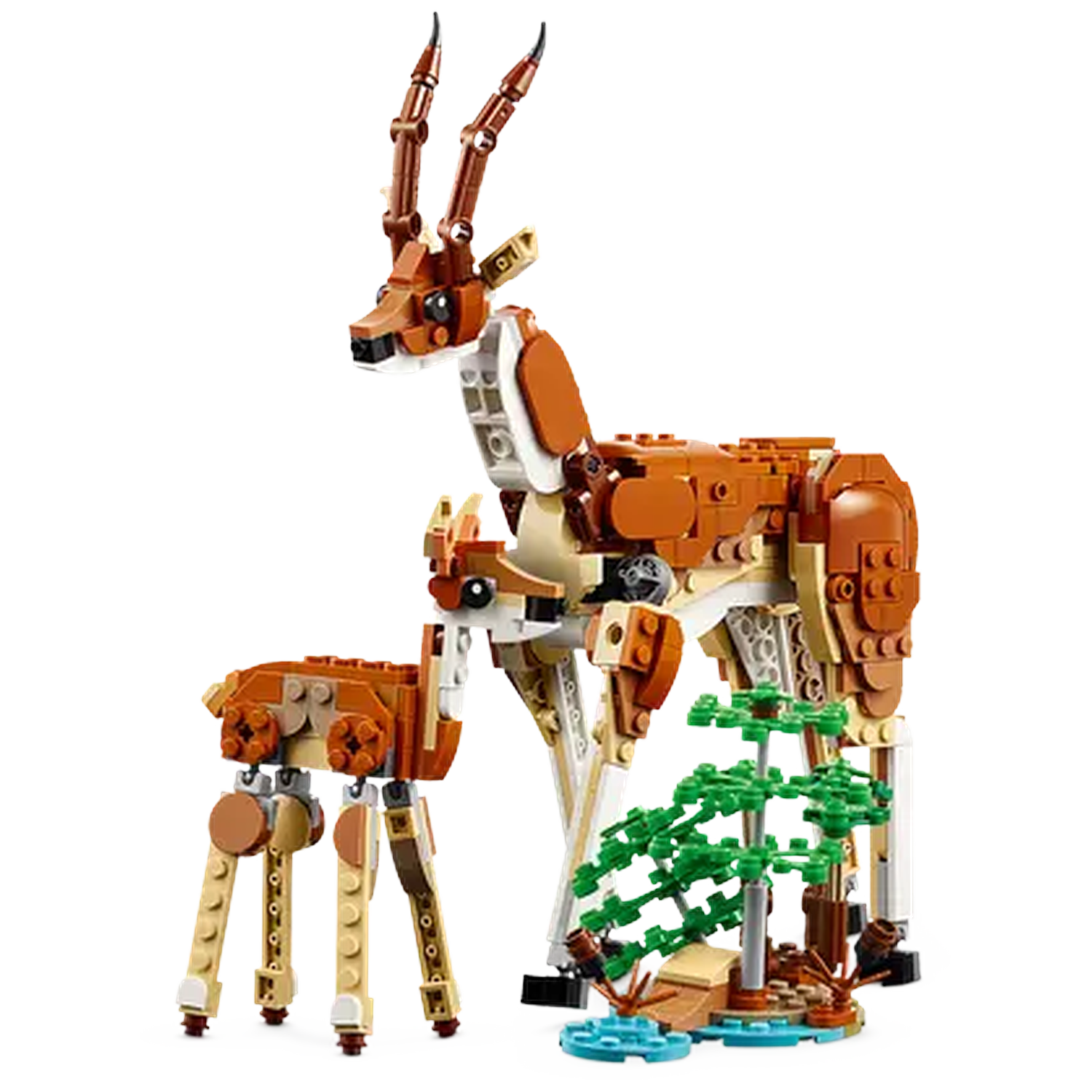 A Lego set featuring a large brown and white gazelle with long horns, a smaller gazelle, and a small green tree on a base.