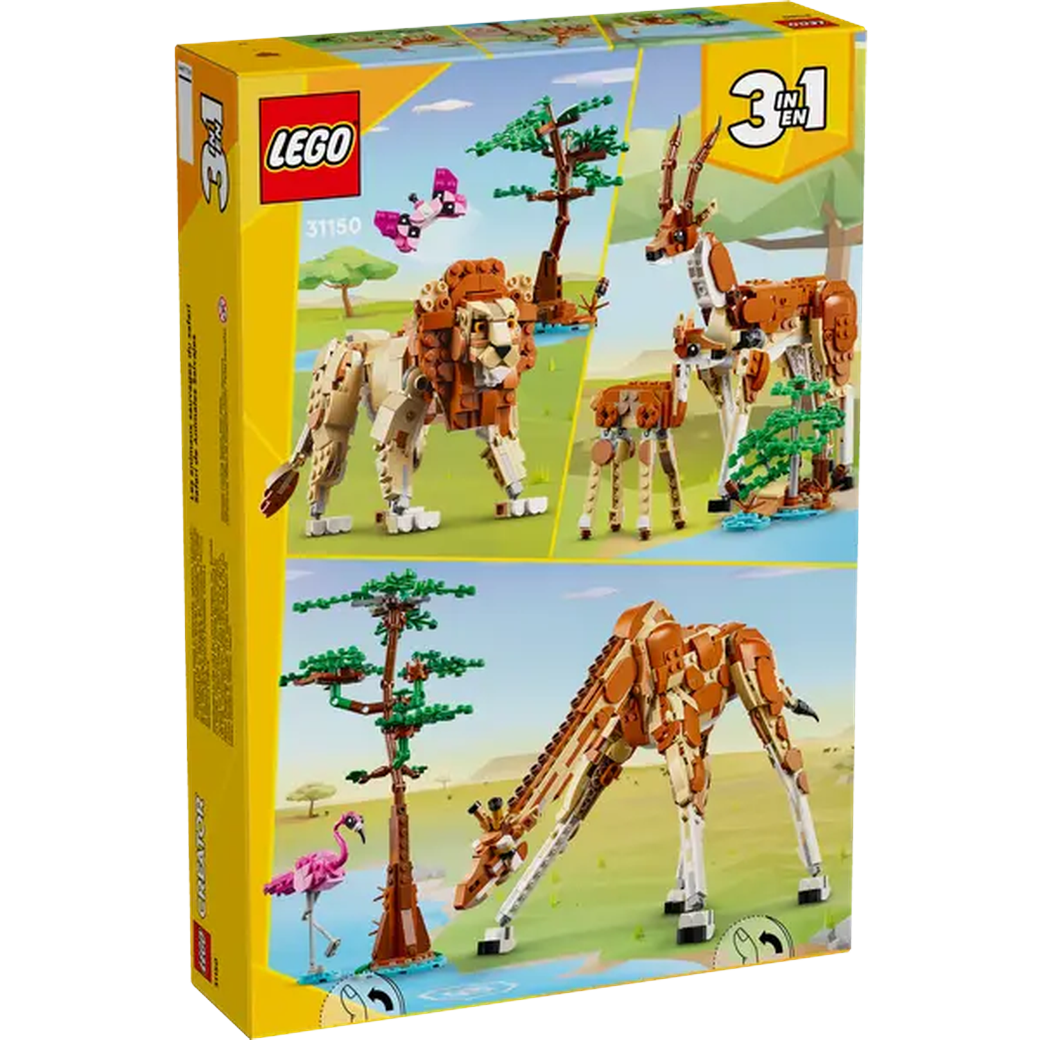 Lego box shows 3-in-1 models: lion, giraffe, and antelope with trees and pink flamingo on a green and yellow background.