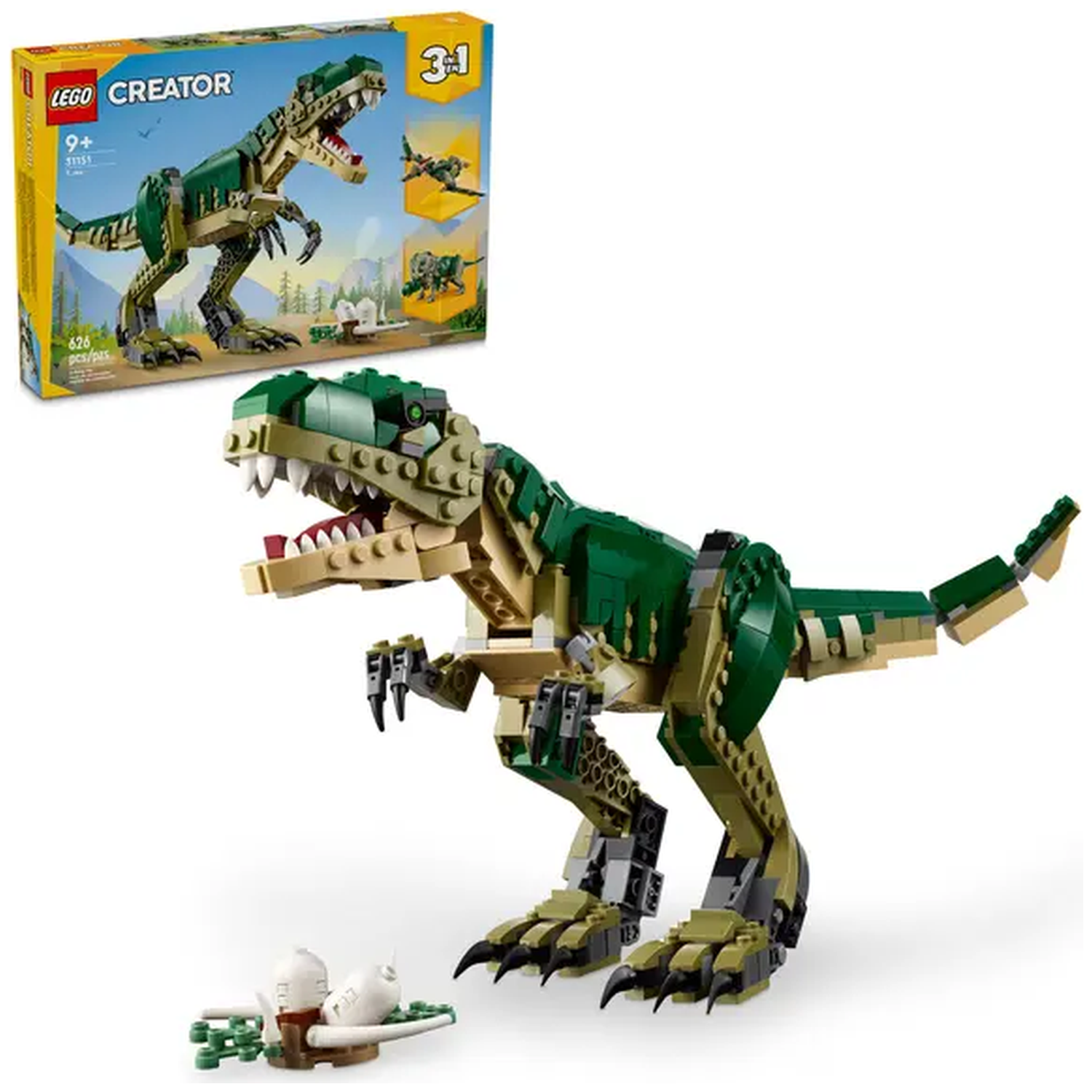 Een Lego Creator T-Rex dinosaurusmodel, groen en bruin, met de doos op de achtergrond. Een klein Lego-model vooraan.