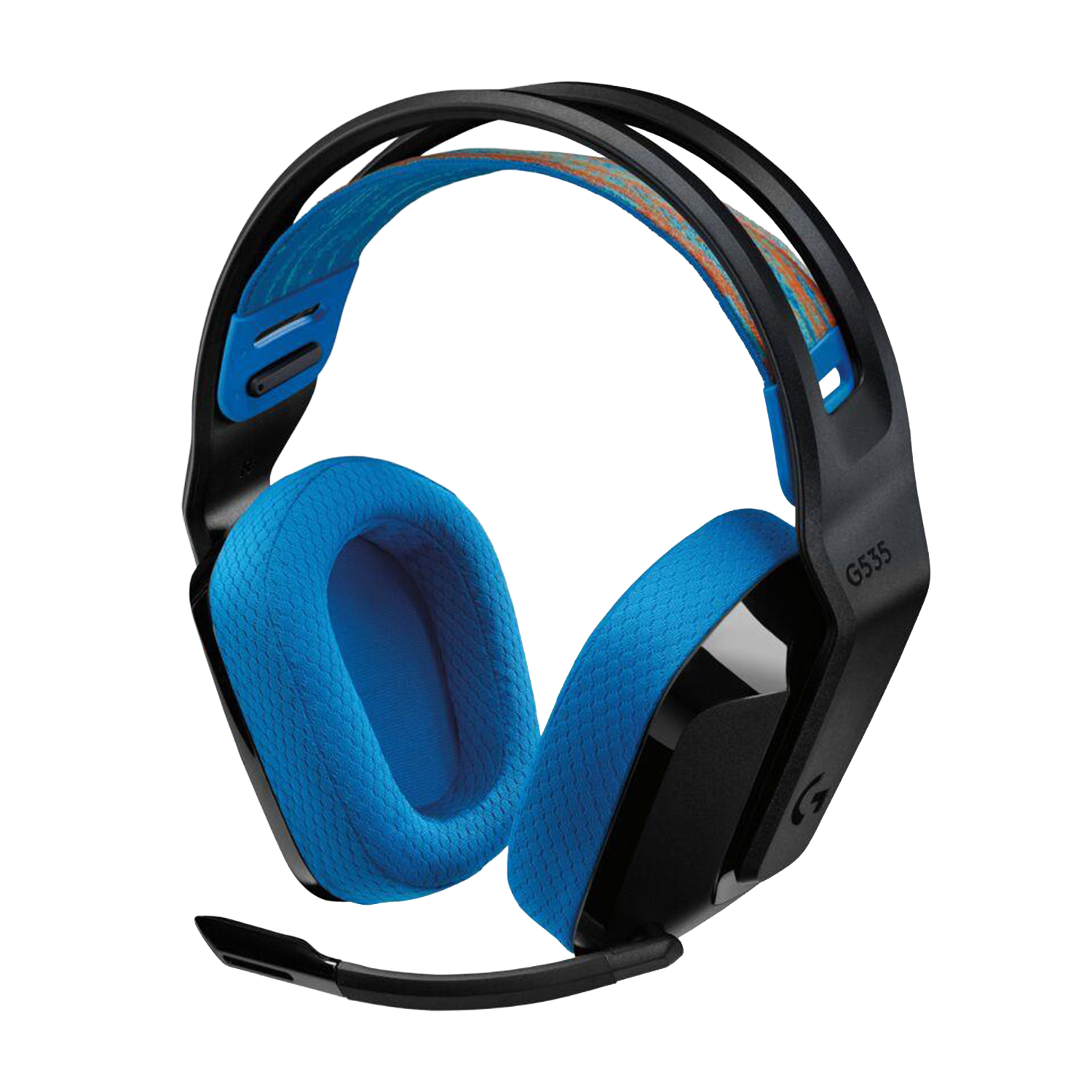 Cuffie da gioco blu e nere con microfono. I padiglioni sono blu, l'archetto ha dettagli blu e arancioni. Il marchio è visibile.