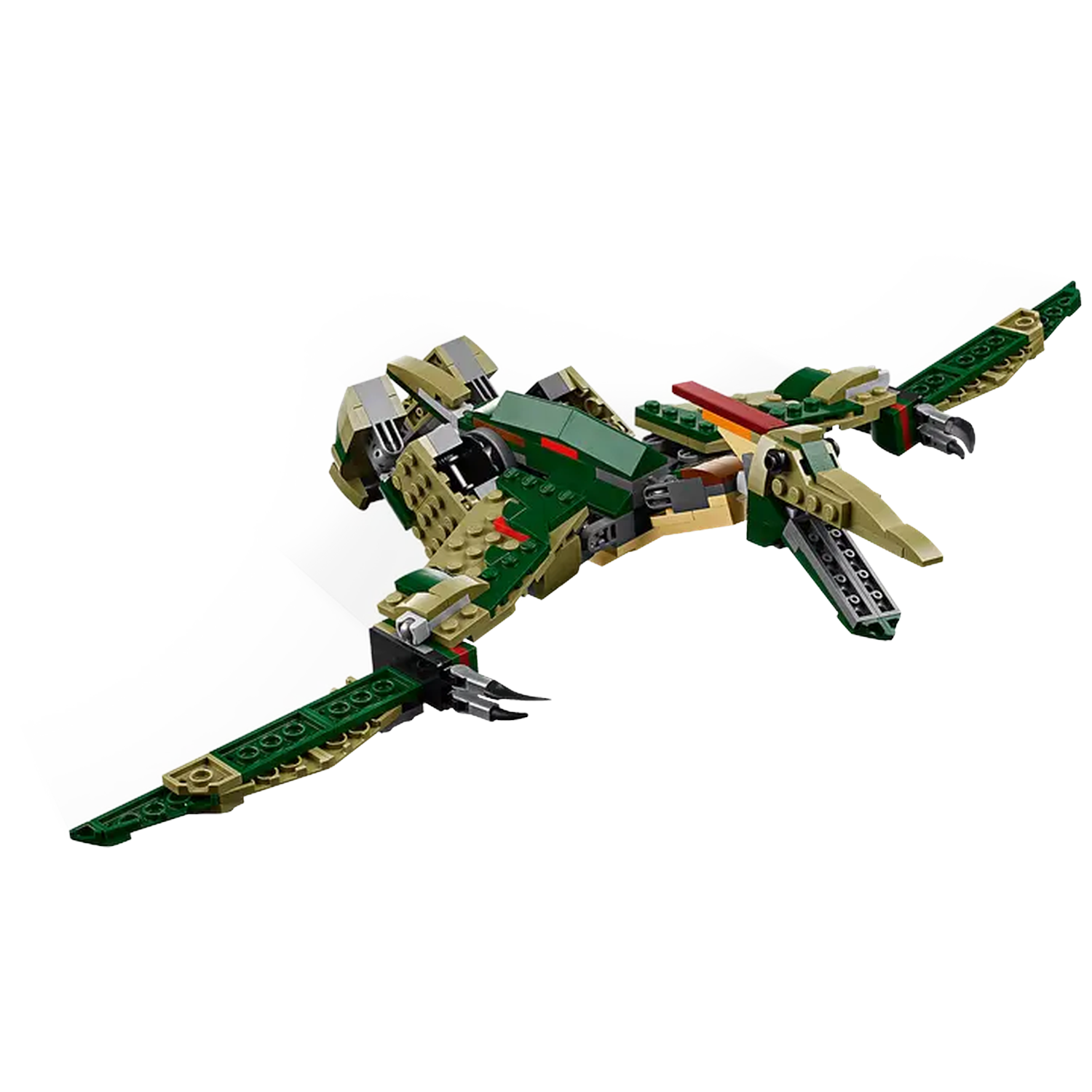 Een Lego-model van een groen en bruin pterodactylusachtig wezen met uitgespreide vleugels, tegen een witte achtergrond.