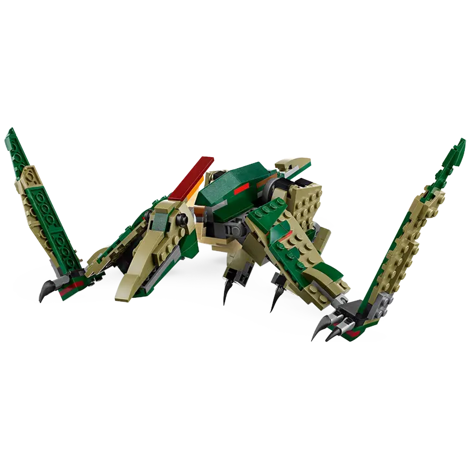 Een Lego insectenmodel op een wit oppervlak. Het heeft groene en bruine onderdelen, met rode accenten. Het model heeft vleugels en poten.
