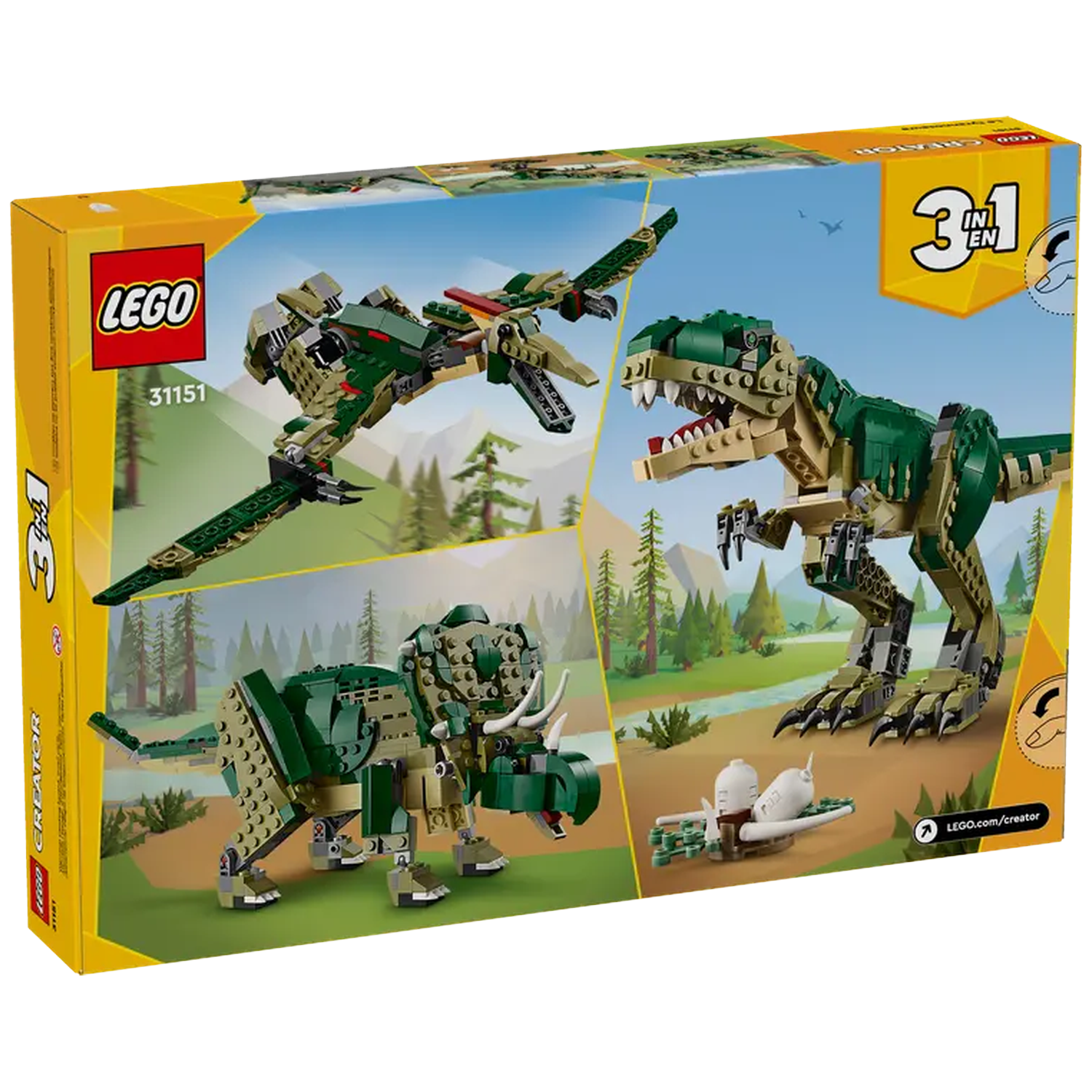 Lego doos met 3 dinosaurussen: een groene en bruine T-Rex, een Triceratops en een Pterodactylus. De achtergrond is een boslandschap.