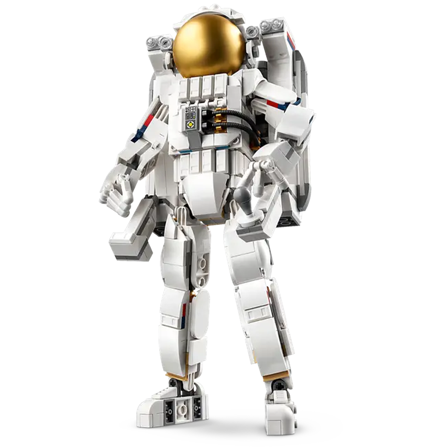 A Lego astronaut figure stands on a white background. The suit is white with a golden helmet.