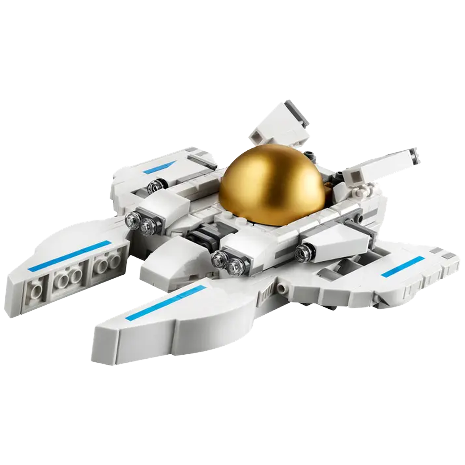 A white Lego spaceship with blue accents and a gold dome. It has wings and is set against a white background.