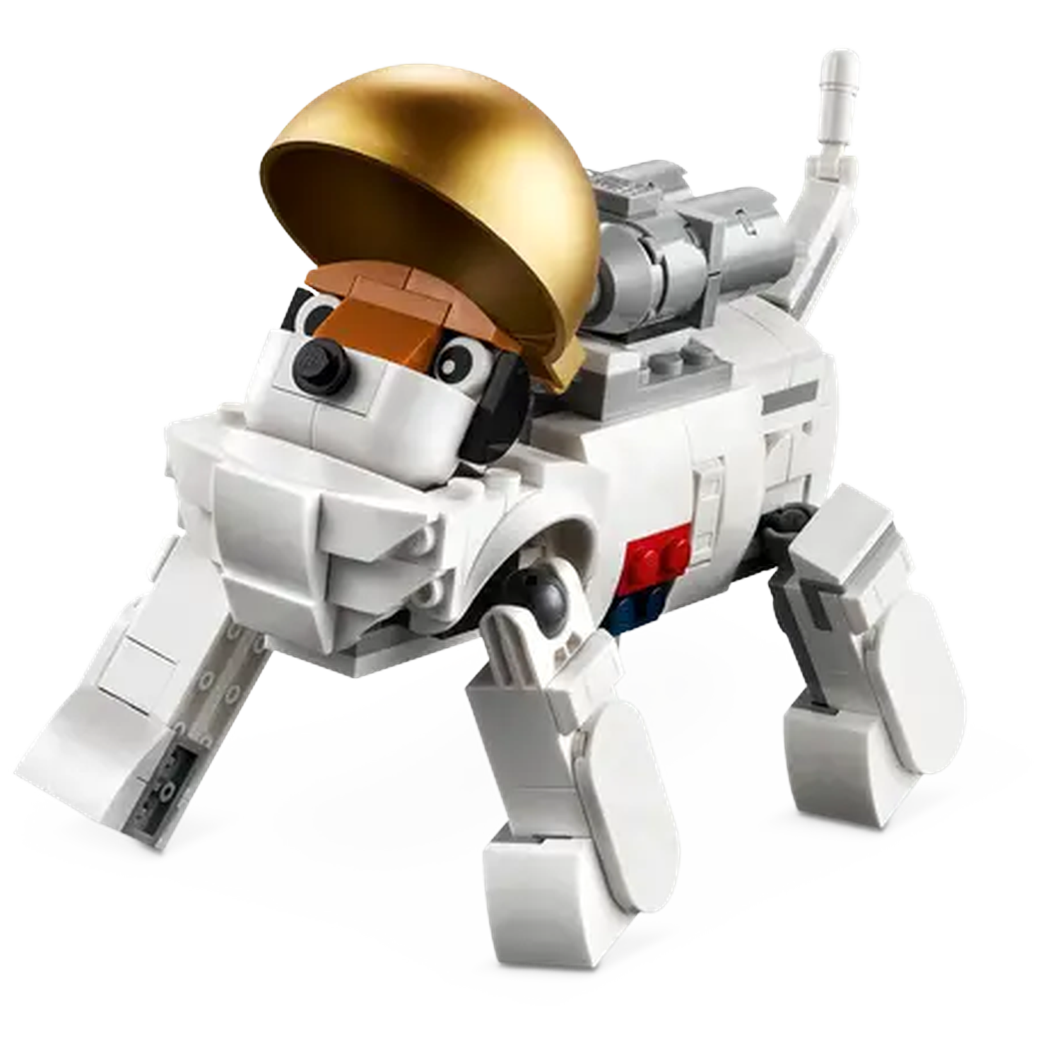 A Lego dog astronaut with a gold helmet. It is white with gray and red accents. It has black eyes and a brown face.
