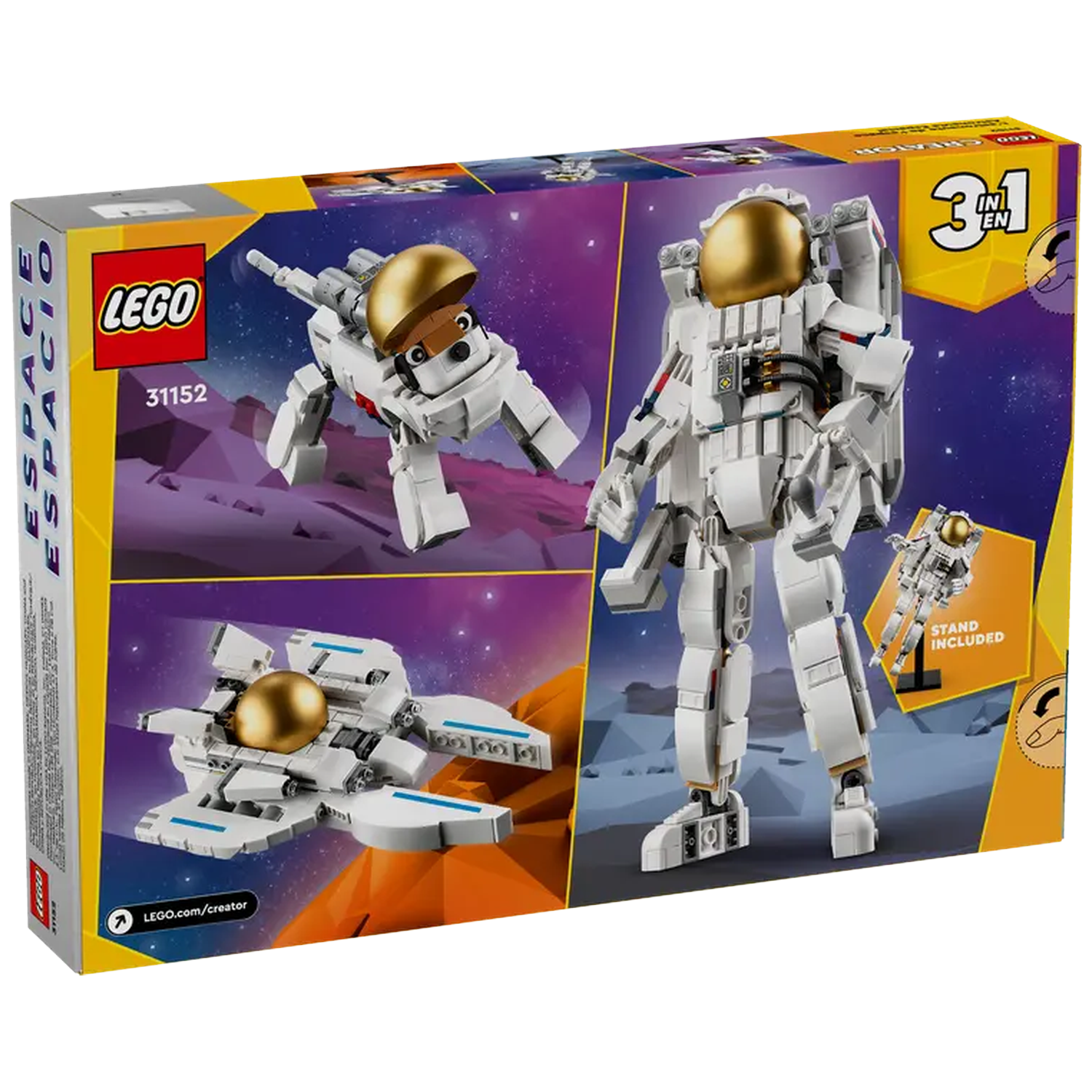 Lego box with space-themed designs. It features astronaut, spaceship, and space dog models. The background is a starry galaxy.