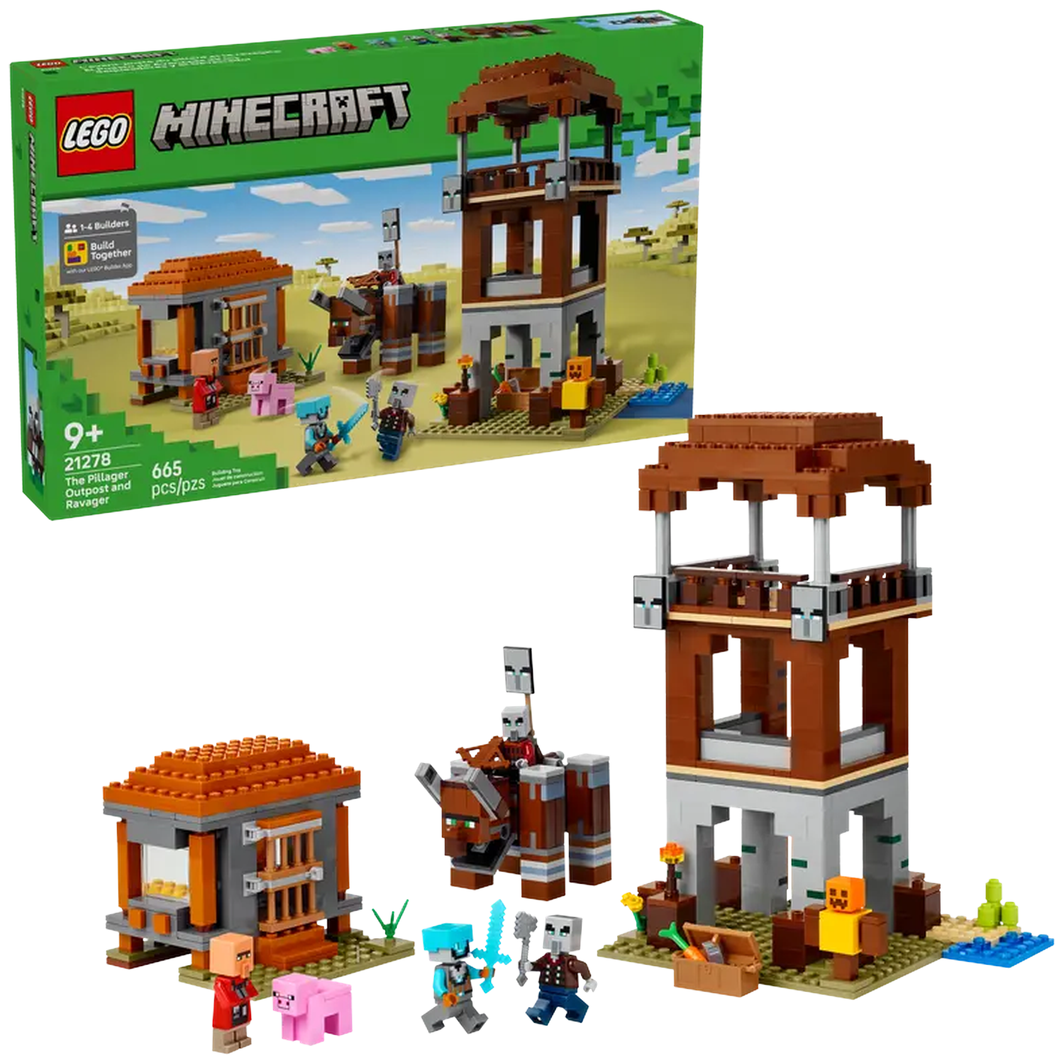 LEGO Minecraft set. Includes a tower, small building, figures, and a ravager. The box shows the set with Minecraft characters.