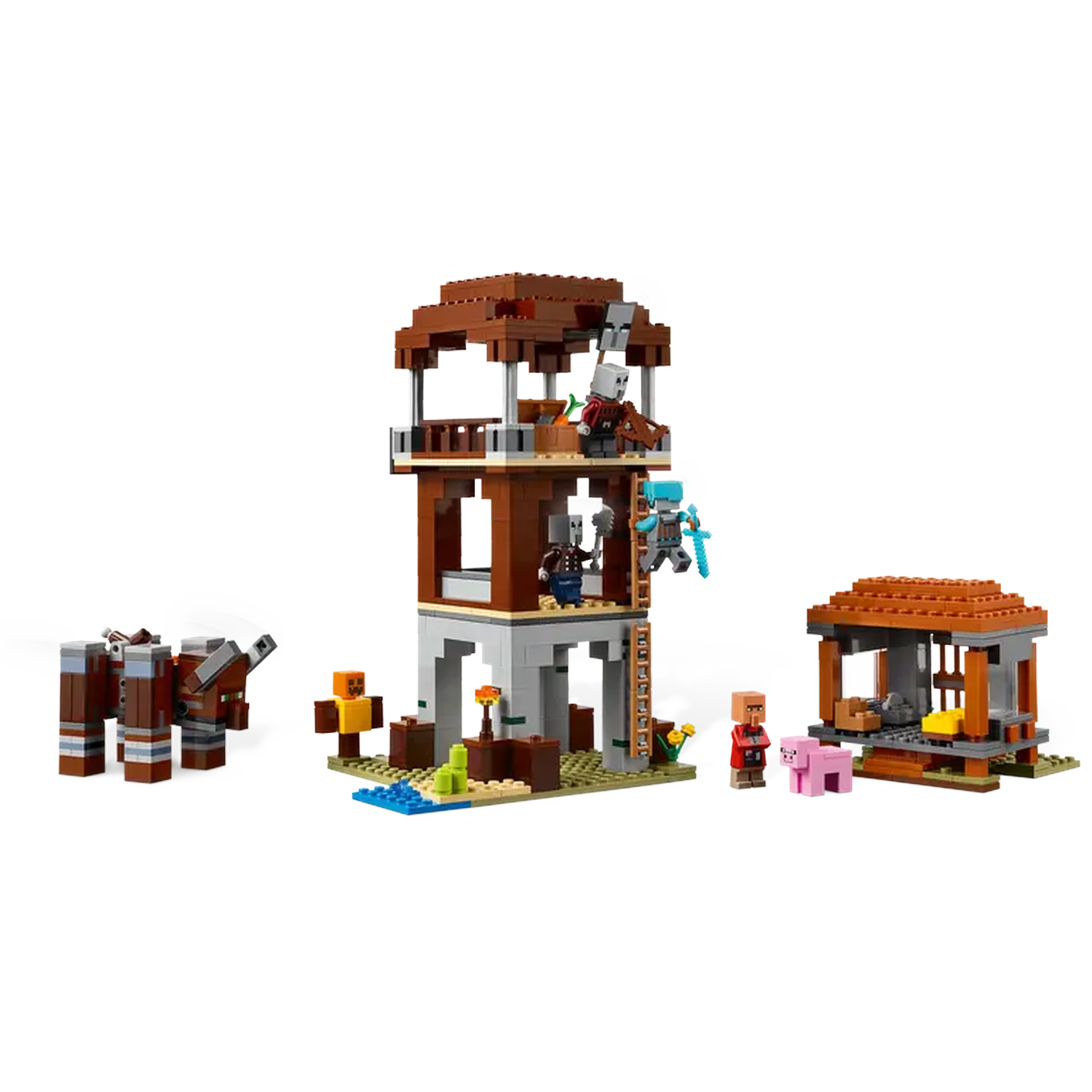 A Minecraft Lego set, featuring a tower, a small building, a horse, and several minifigures including a pig, and a villager.