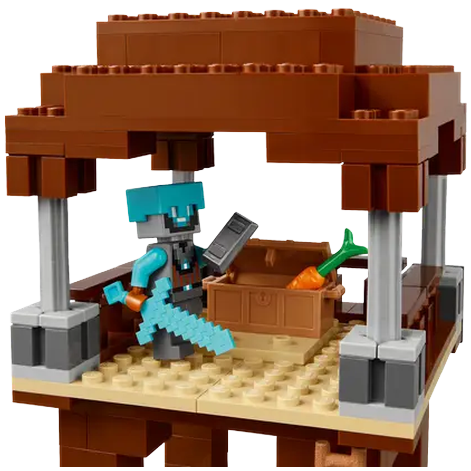 A Minecraft Lego set depicts a structure with a figure holding a sword. A chest contains a carrot. The structure is brown and tan.