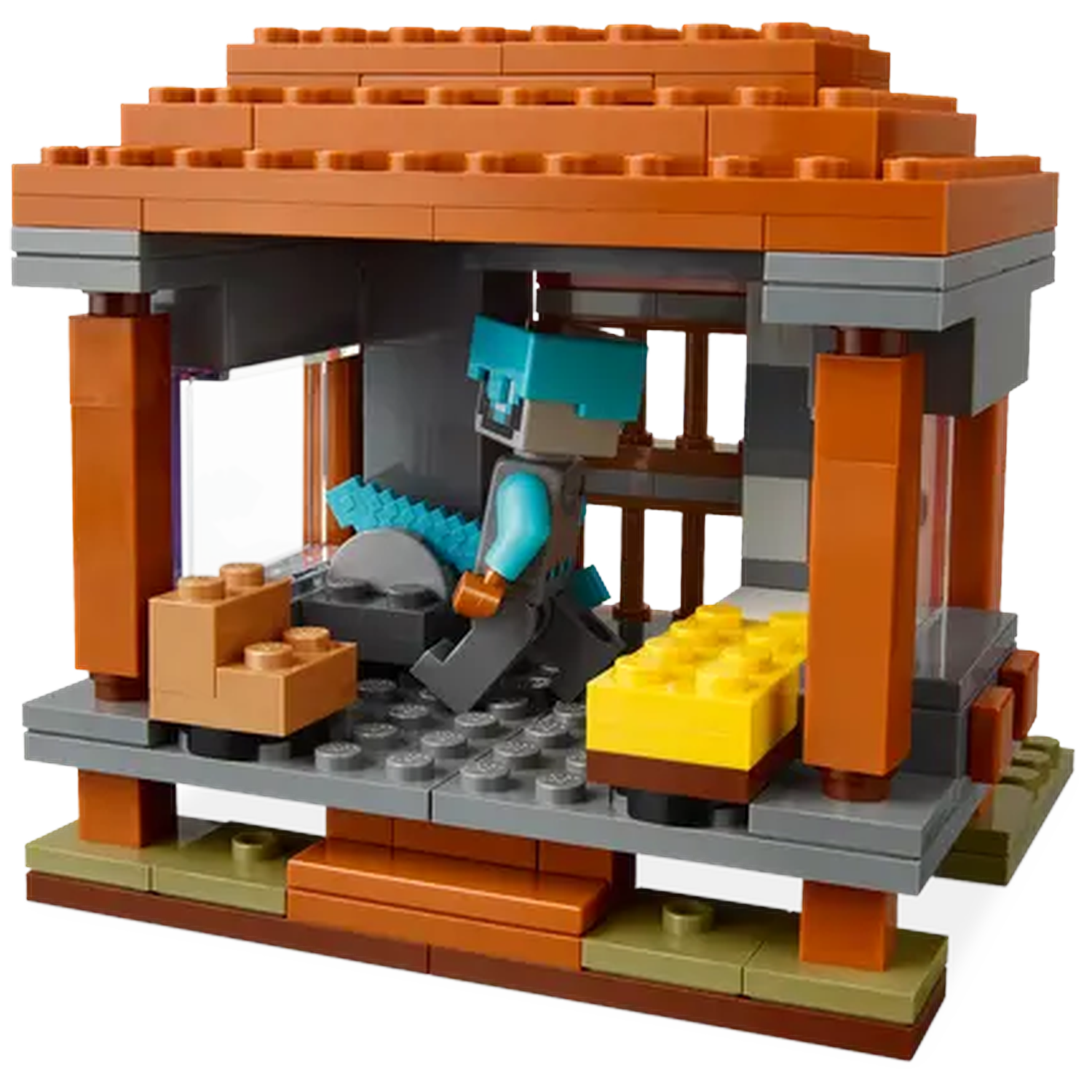 Minecraft Lego set. Wooden structure with a figure inside. Features include wooden roof, gray walls, and a yellow block. 