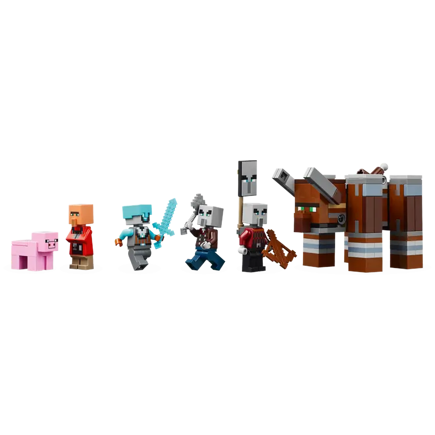 Minecraft Lego set. Includes characters, pig, figures with swords, shield, and crossbow, and a brown animal.