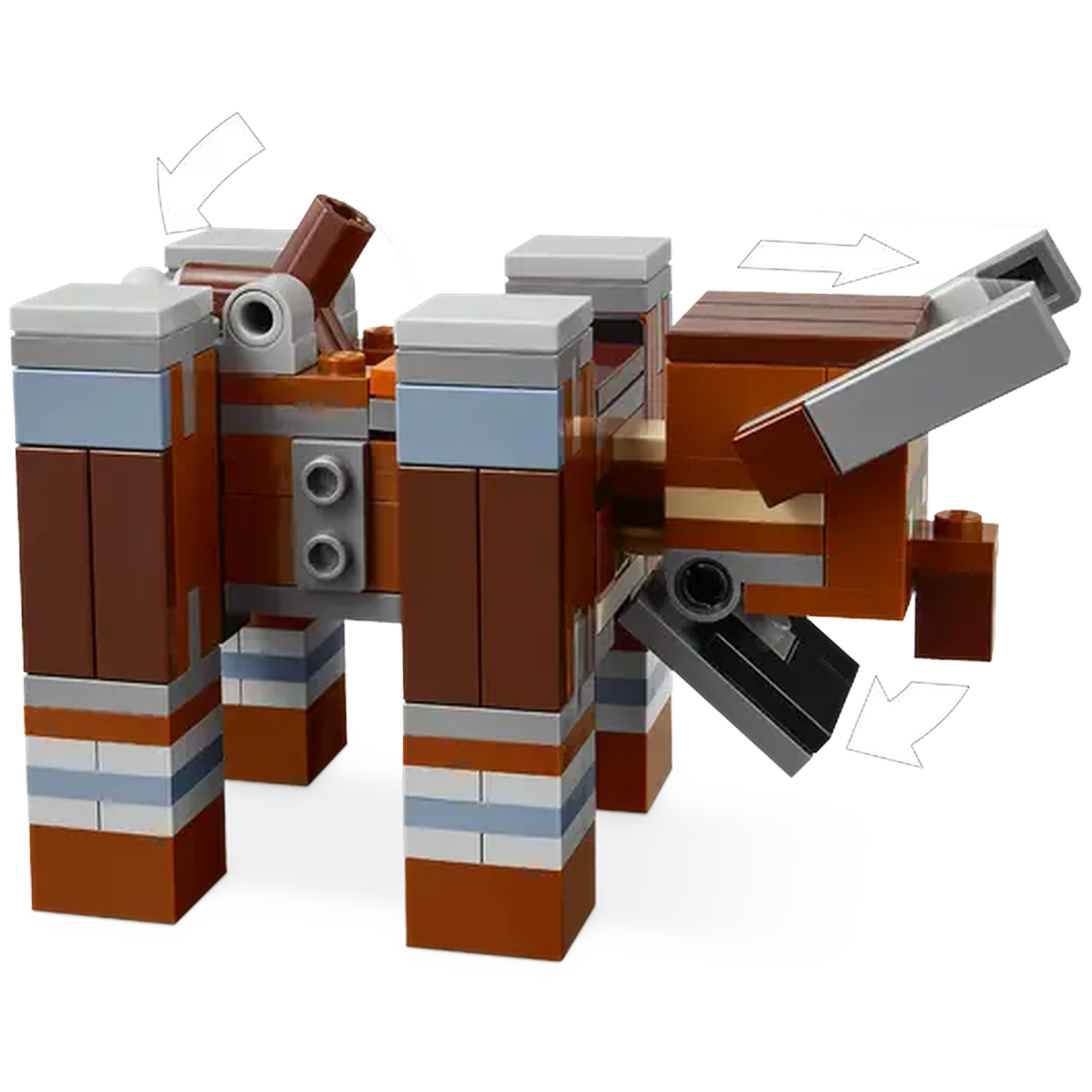 A Lego bull, brown and gray. It has legs, a body, and a head. Arrows show movable parts.
