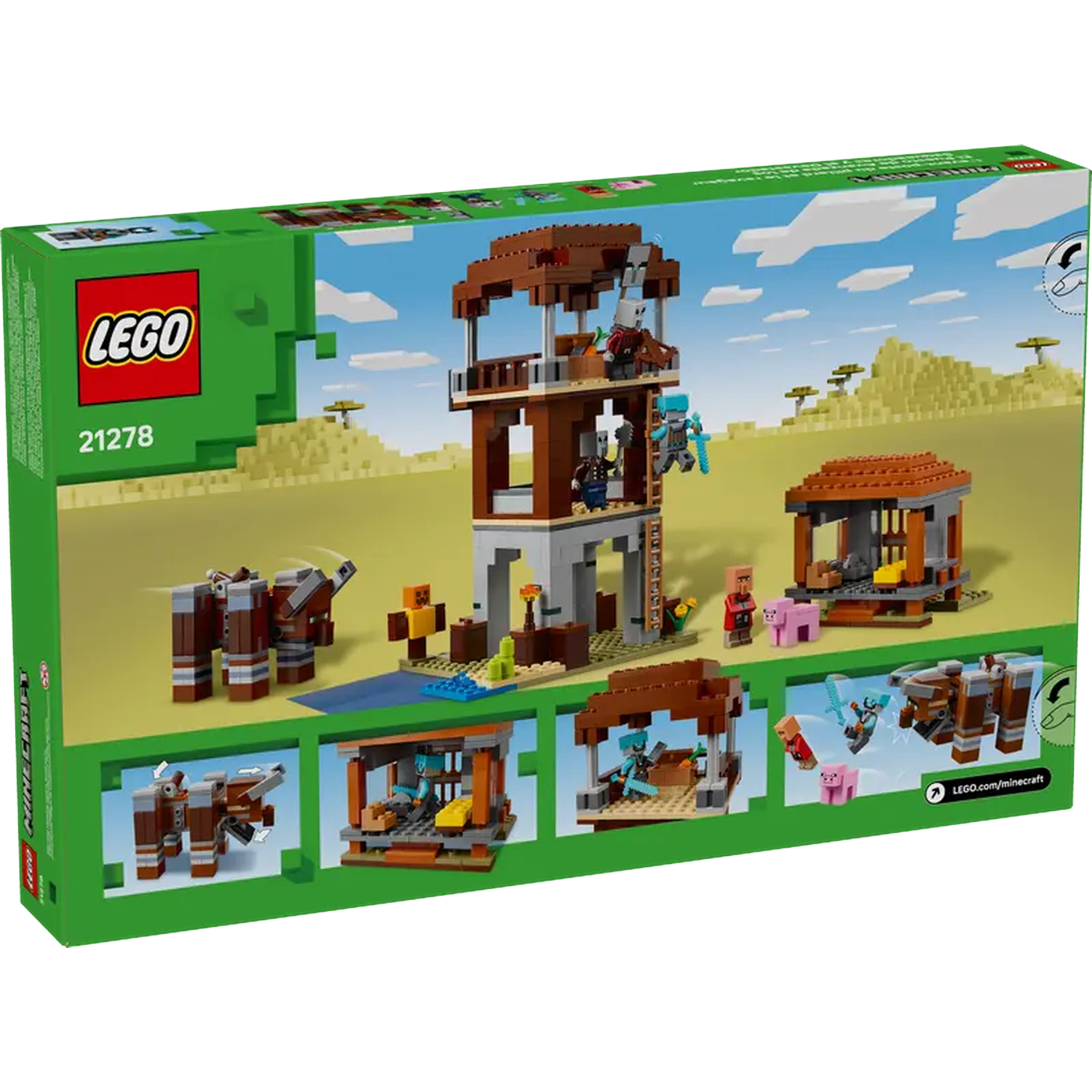 Lego Minecraft set box. Shows a multi-level building with figures, animals, and landscape details. Green background with Lego logo.