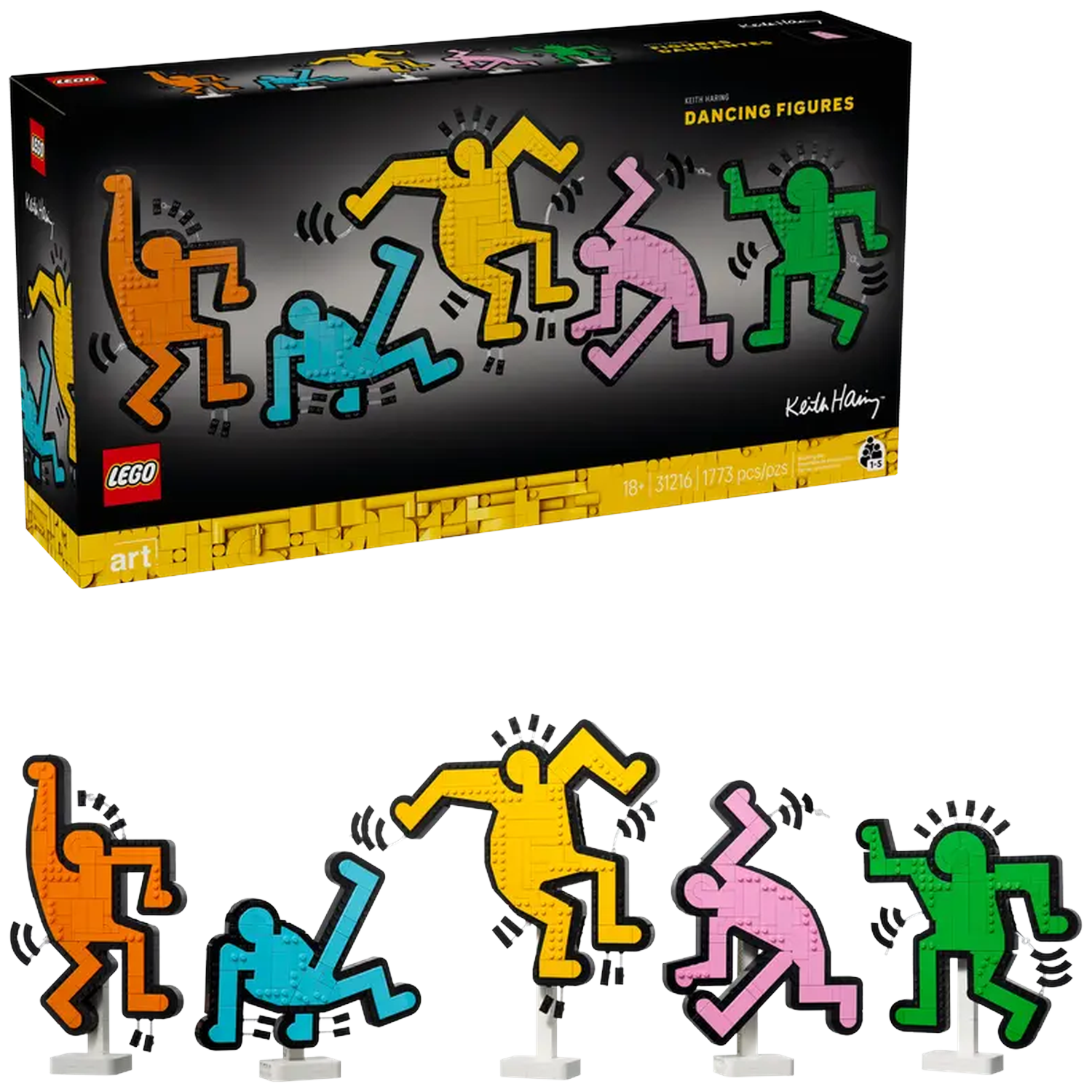 A Lego box with dancing figures in orange, blue, yellow, pink, and green. The figures are on white stands. The box says Keith Haring.