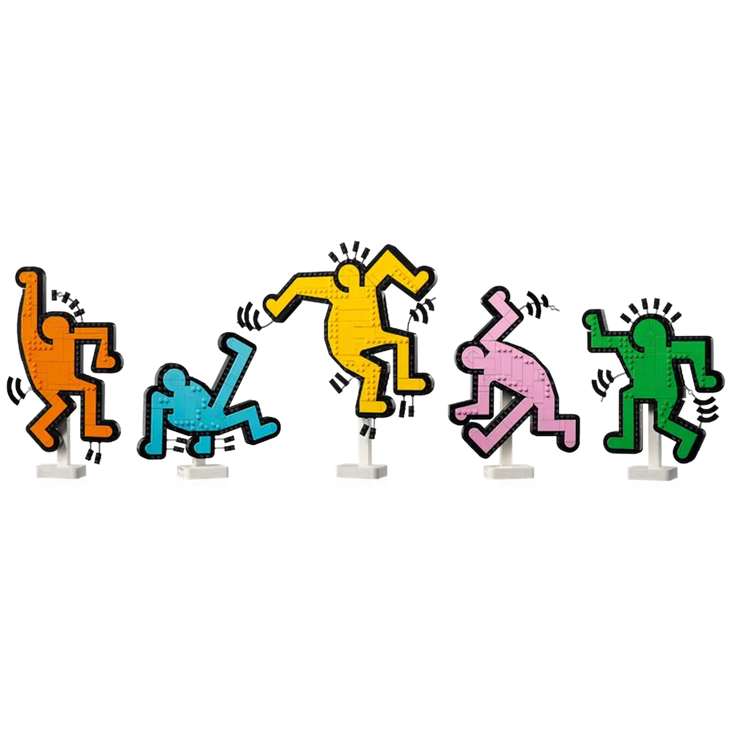 Five colorful Keith Haring figures on white bases. Each figure is a different color: orange, blue, yellow, pink, and green.