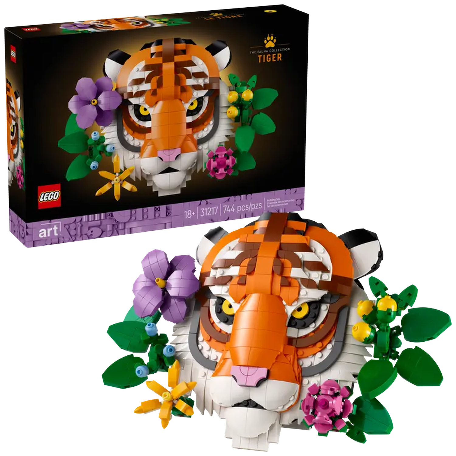 A Lego tiger head with flowers. The head is orange, brown, and white. Purple, pink, and yellow flowers surround the head.