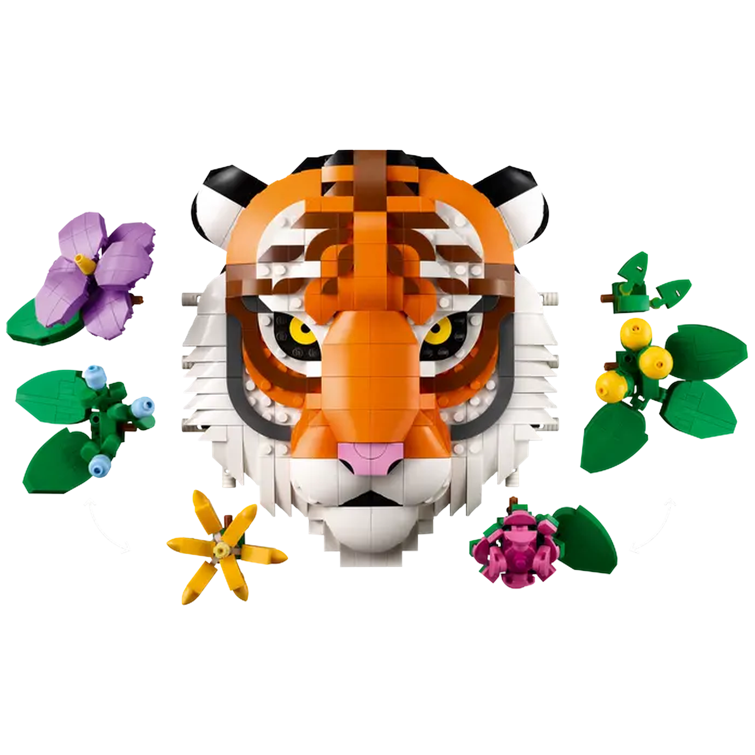 A Lego tiger's head with orange, black, and white bricks. Flowers and foliage in various colors surround the head.
