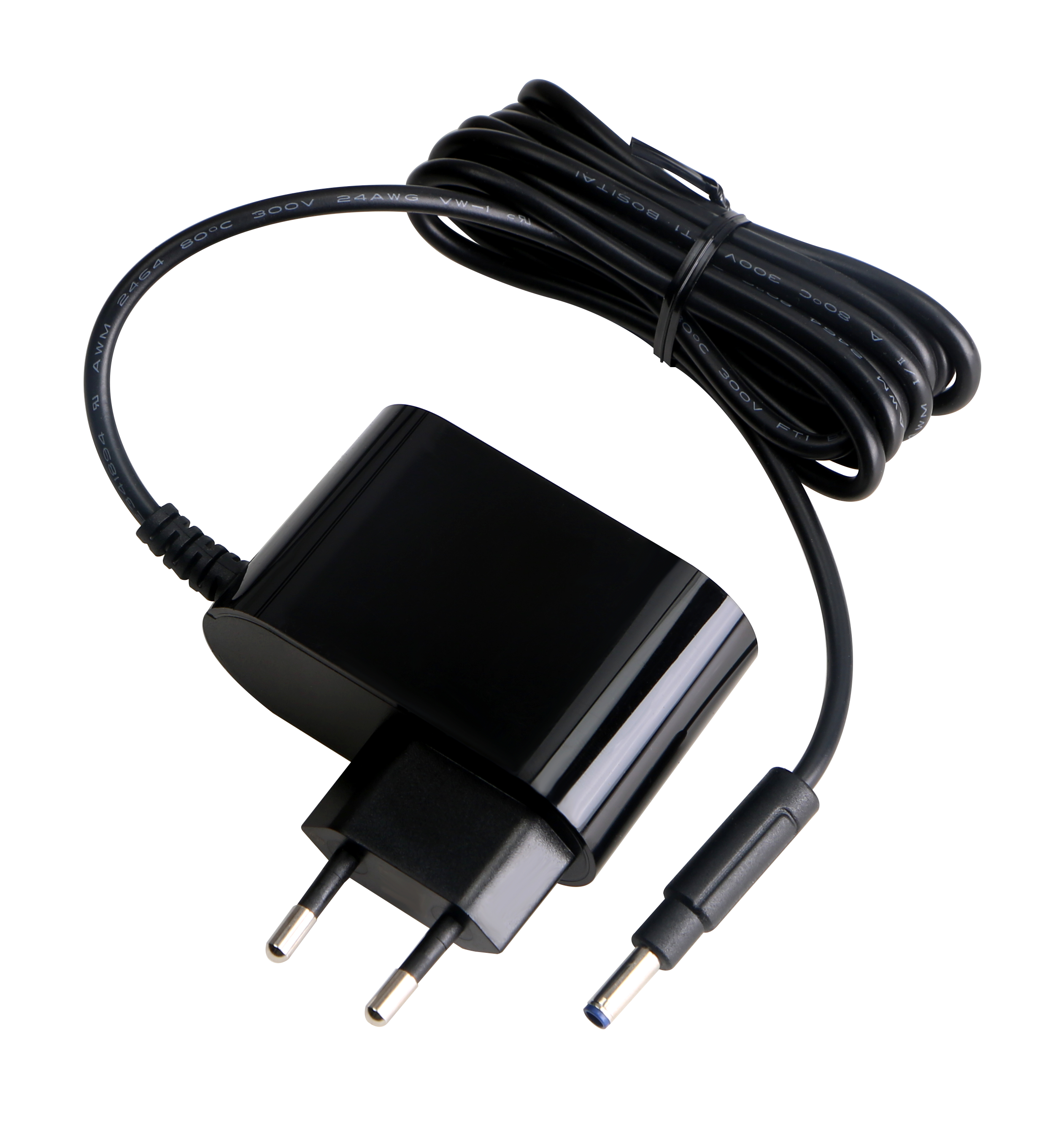 Ein schwarzes Netzteil mit einem schwarzen Kabel. Der Stecker hat zwei Stifte. Das Kabel ist umwickelt.
