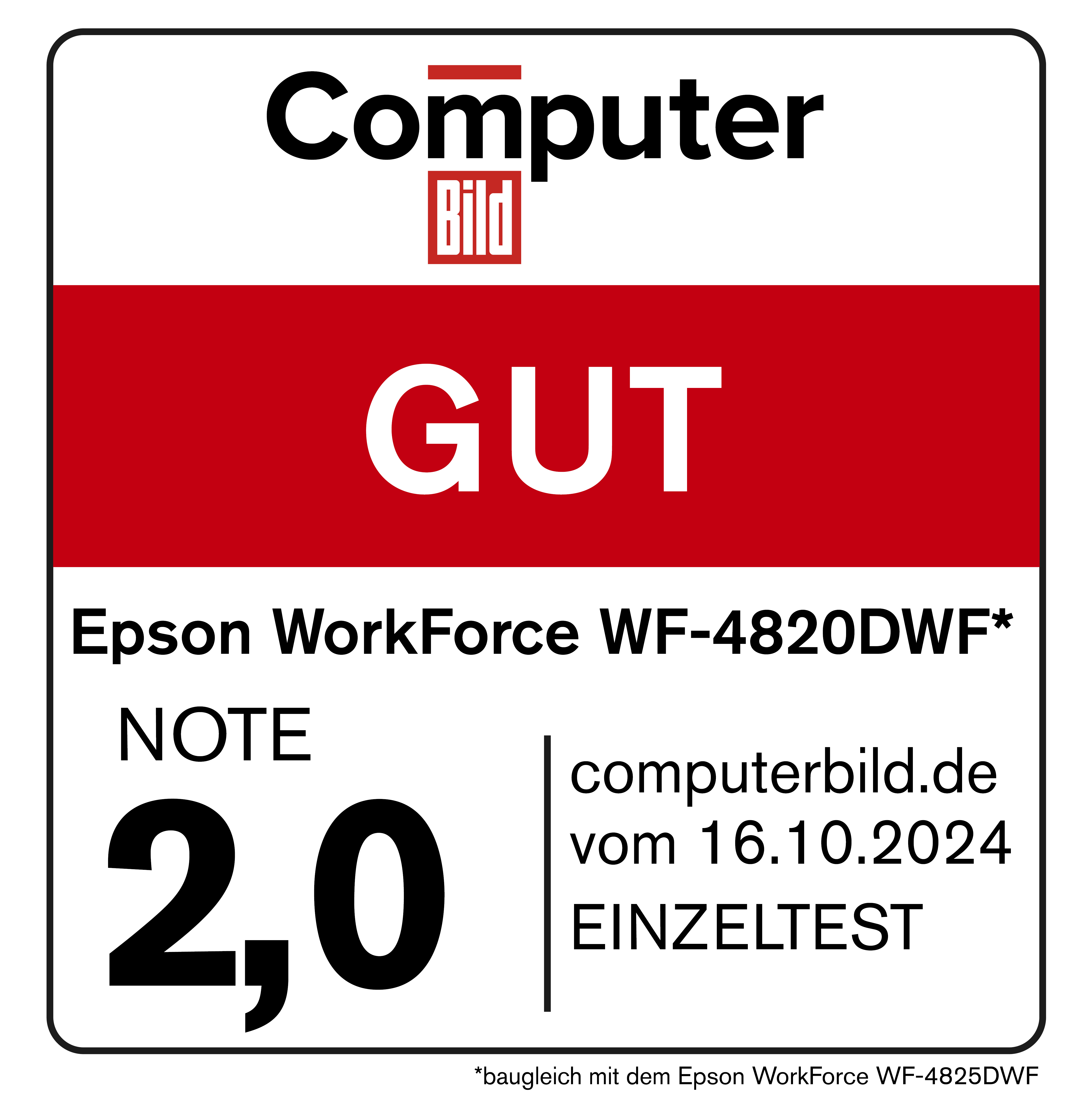 Das Bild zeigt ein weißes und rotes Etikett mit Text. Es steht 'Computer Bild', 'GUT' und '2,0'.