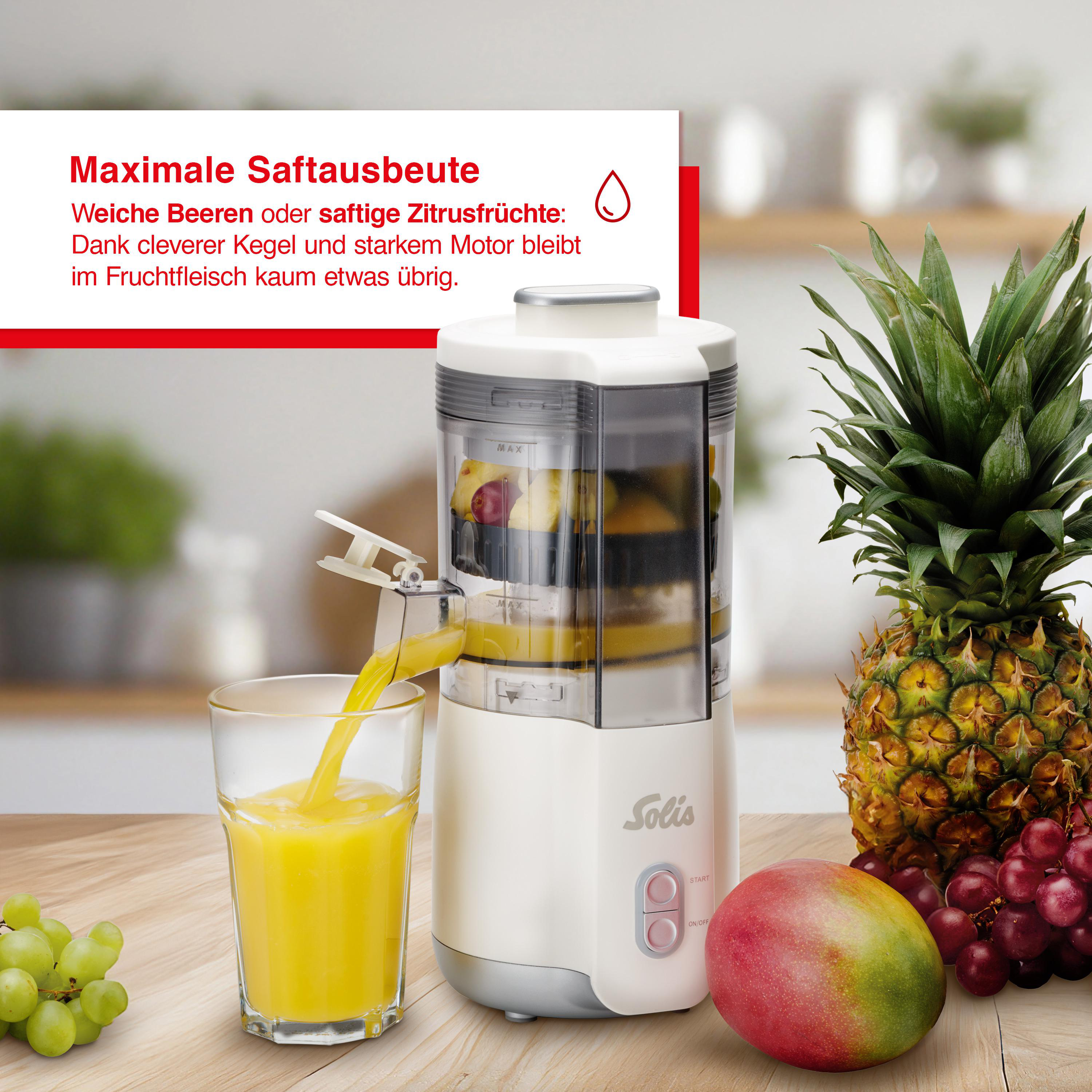 Entsafter mit Saftglas, Ananas, Trauben und Mango auf Holzoberfläche. Der Entsafter ist weiß und grau.