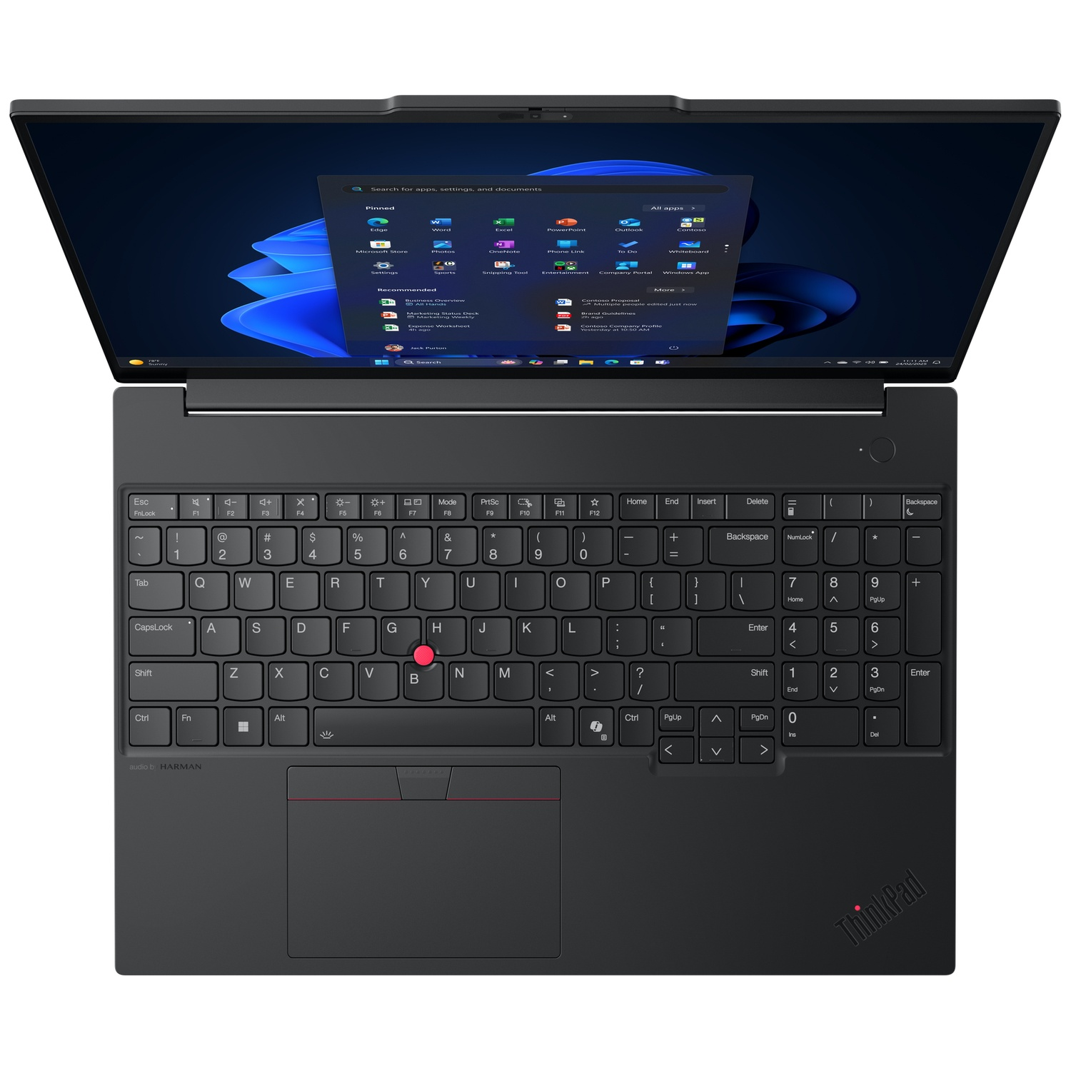 Black laptop open, showing keyboard and screen with Windows interface. ThinkPad logo visible.