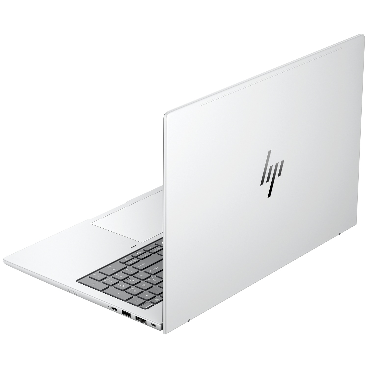 Een witte HP-laptop staat iets open. Het toetsenbord is zichtbaar en het HP-logo staat op de achterkant. De achtergrond is wit.